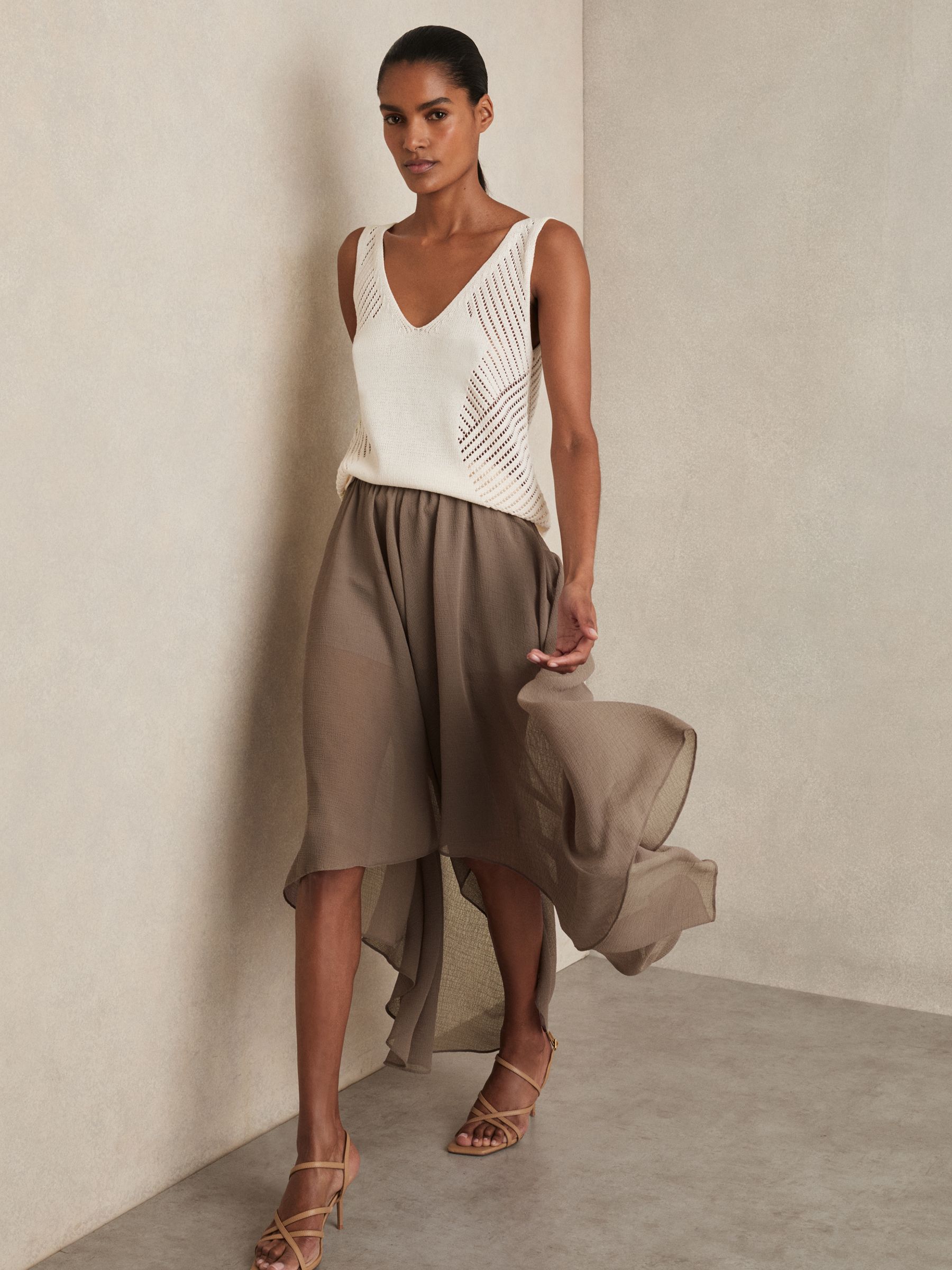 Sheer-Overlay High-Low Shorts in Mink Neutral
