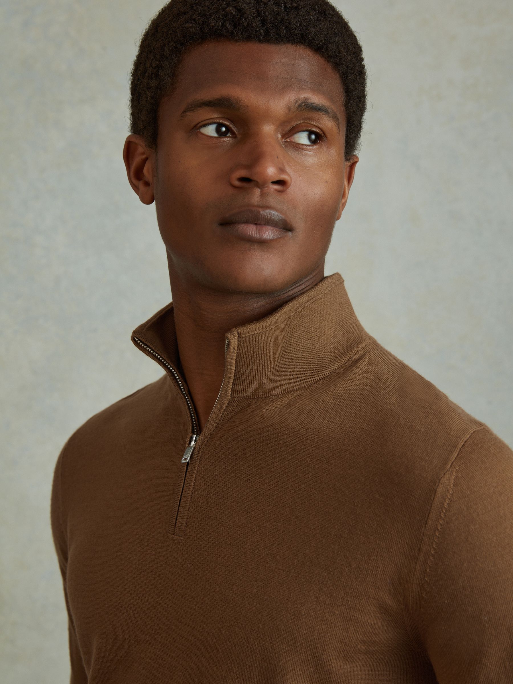 Merino Wool Half-Zip Funnel Neck Jumper in Tobacco Brown