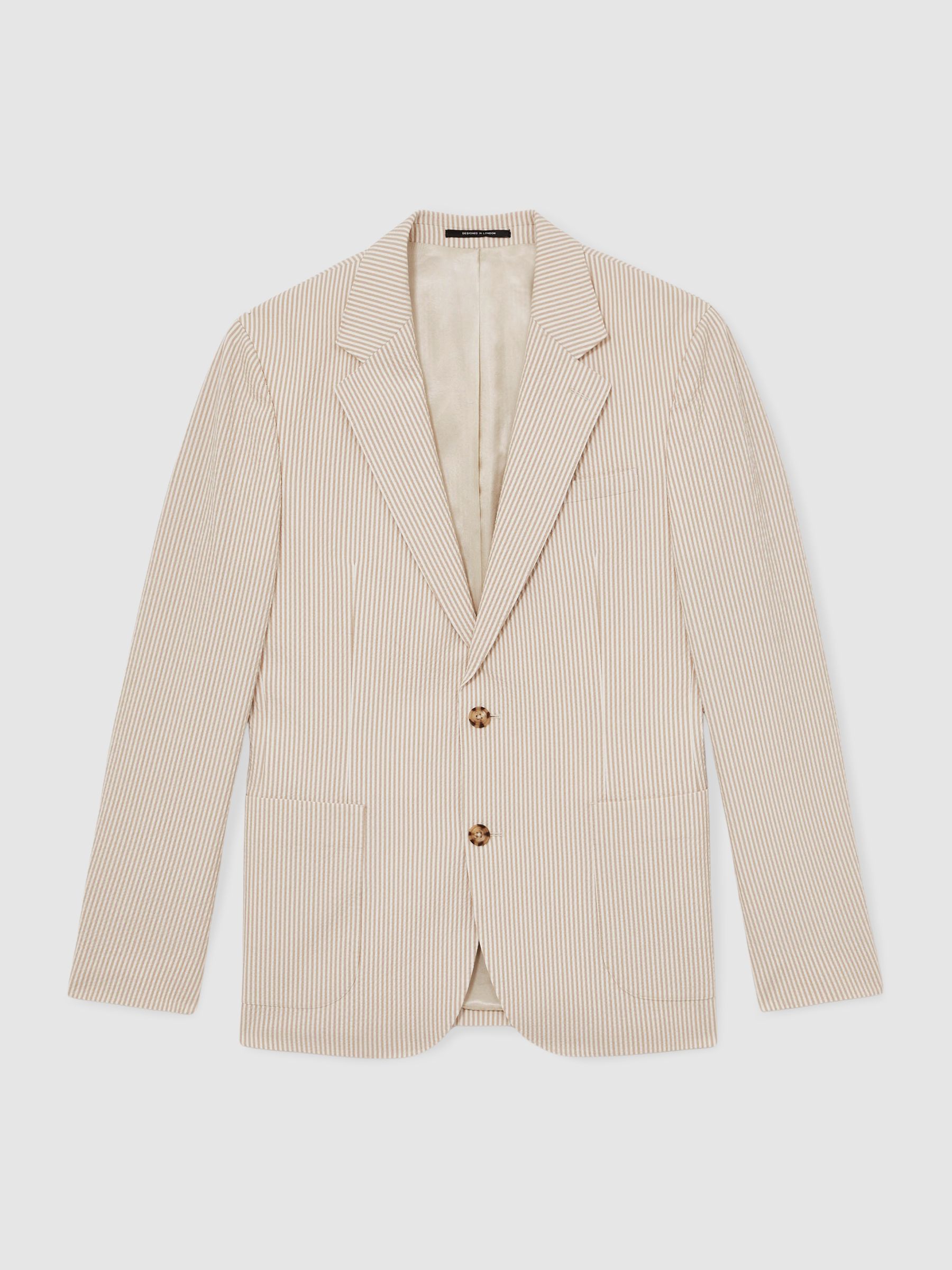 Seersucker Single-Breasted Suit Blazer Slim-Fit in Oatmeal/White