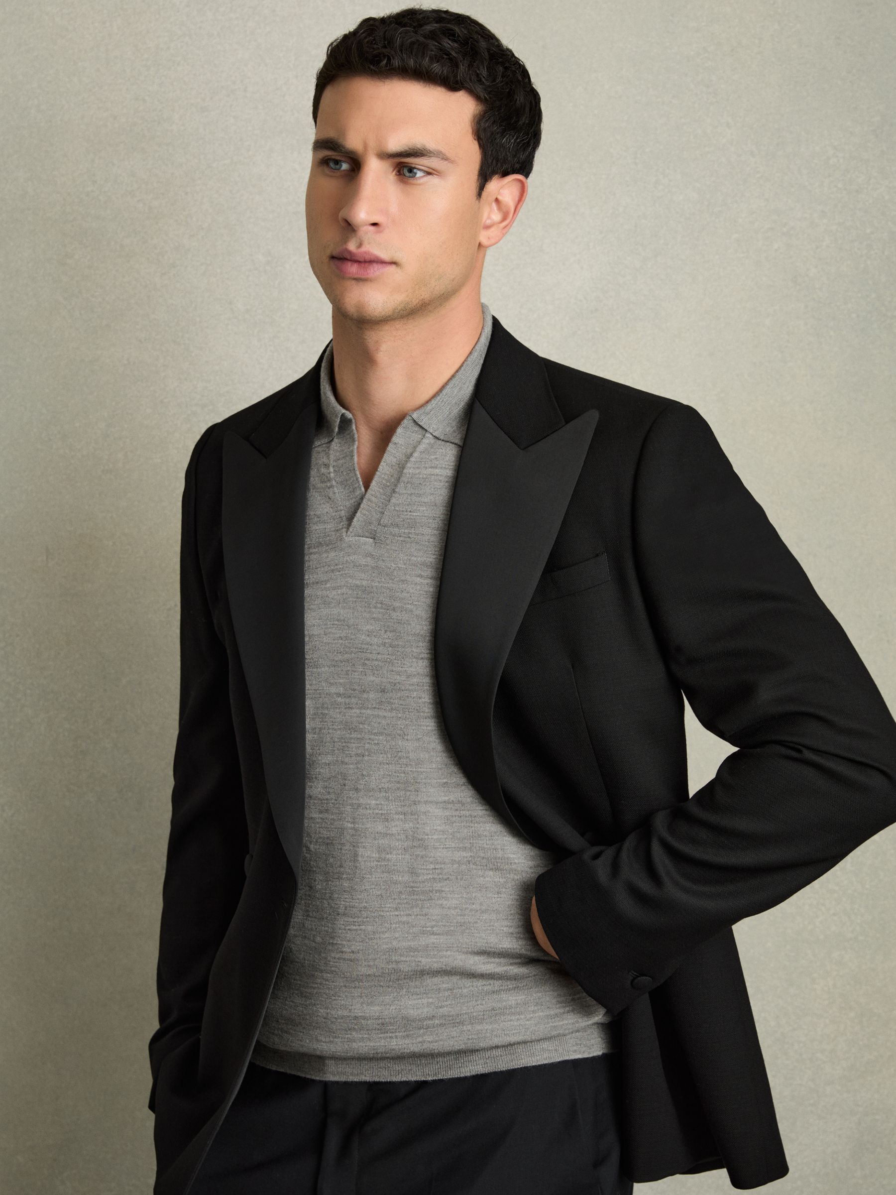 Merino Wool Open Collar Polo Shirt in Warm Grey Melange