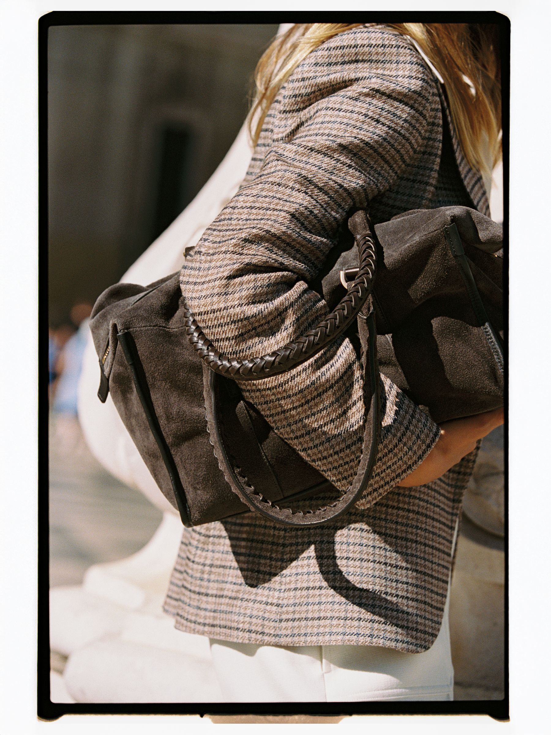 Suede Braided-Strap Bowling Bag in Chocolate