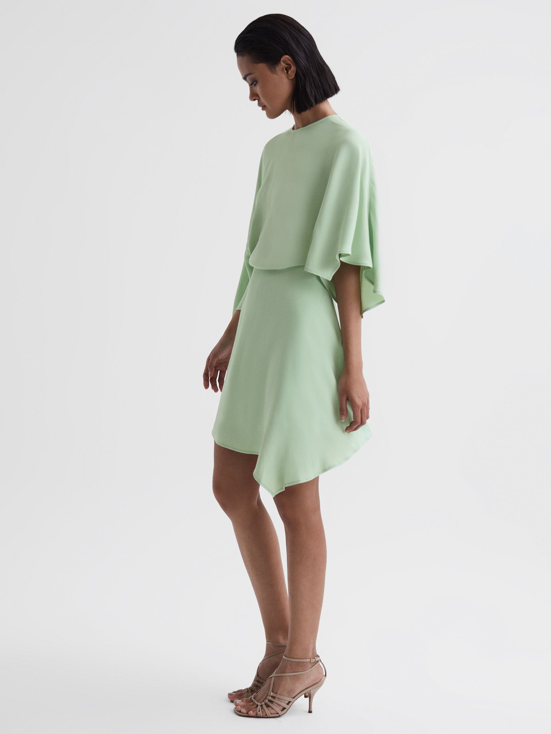 Cape Sleeve Asymmetric Mini Dress in Sage