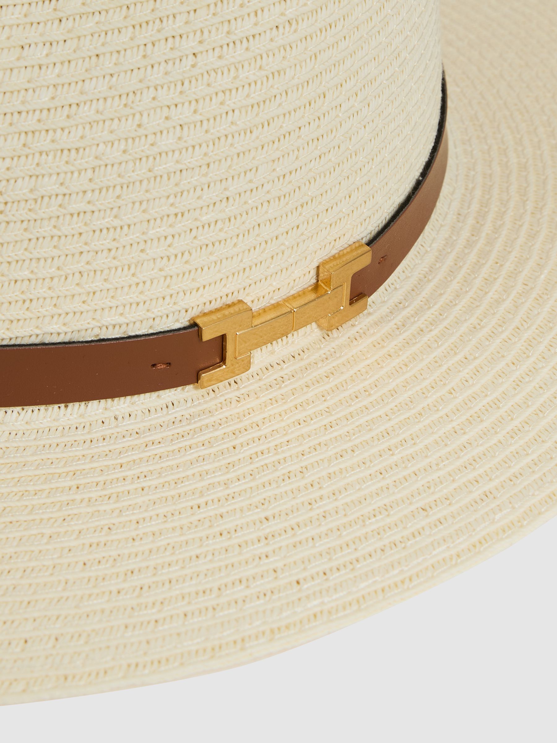Faux Leather Trim Woven Hat in Natural