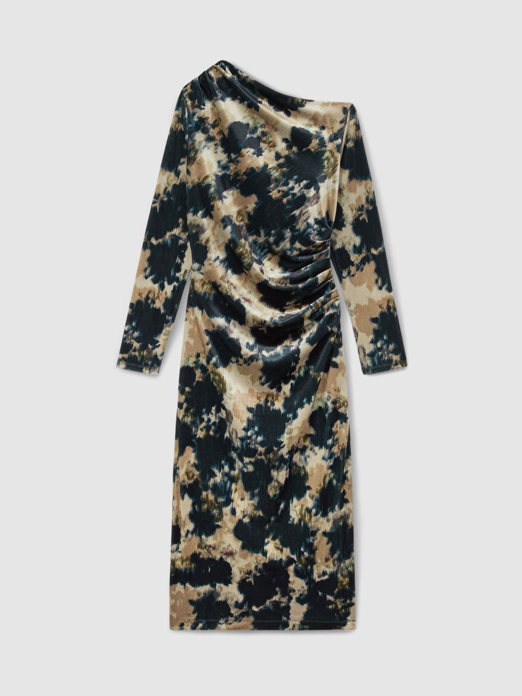 Ruched Abstract-Print Velvet Dress in Navy