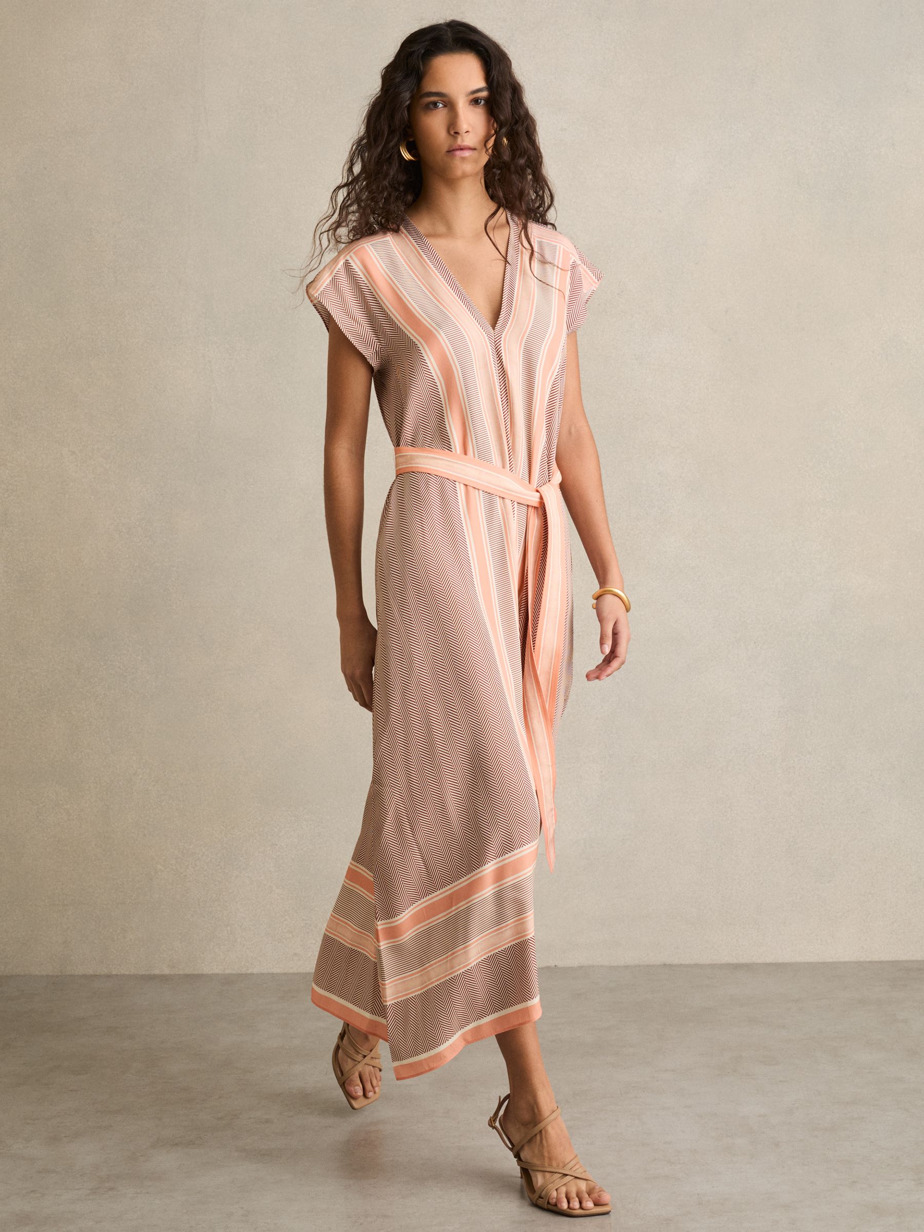 Scarf Print Belted Midi Dress in Coral