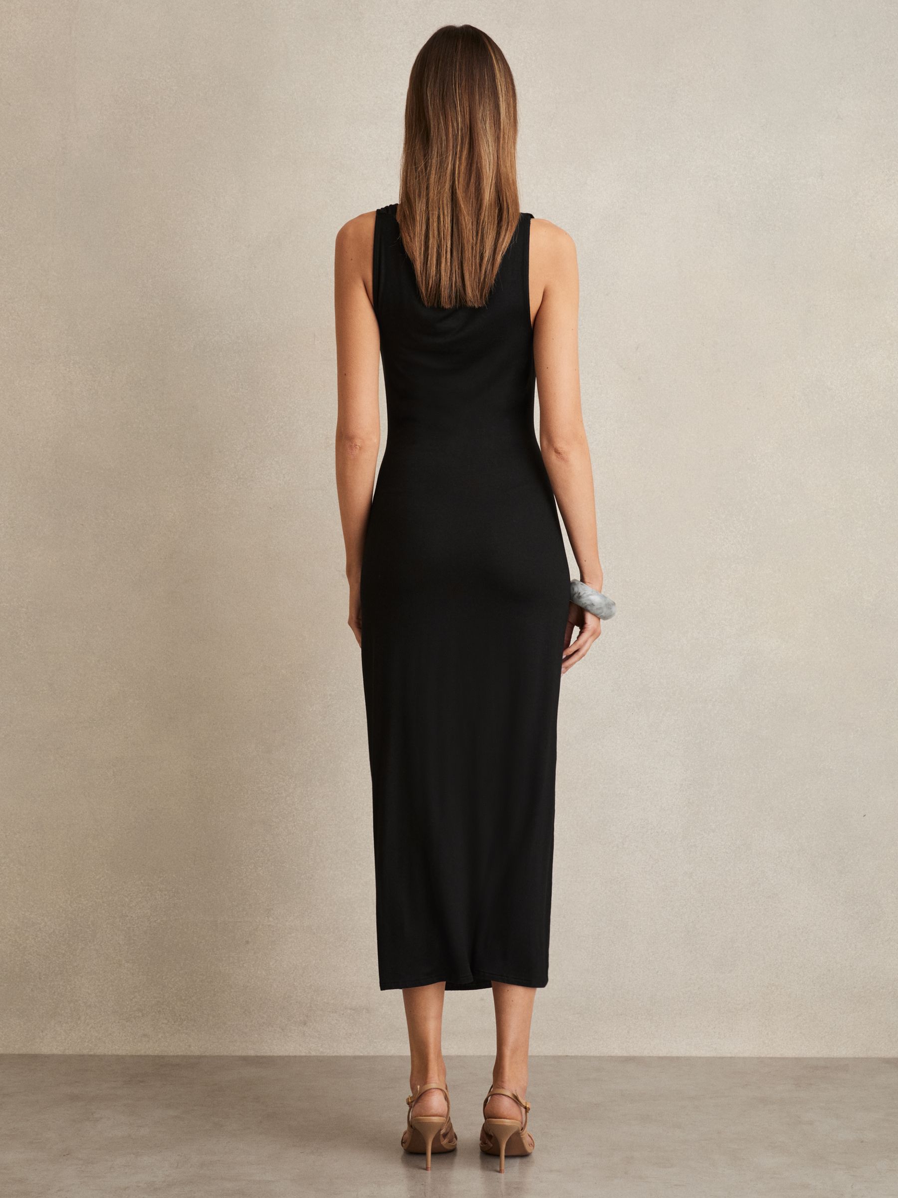 Cowl-Neck Ruched Jersey Midi Dress in Black