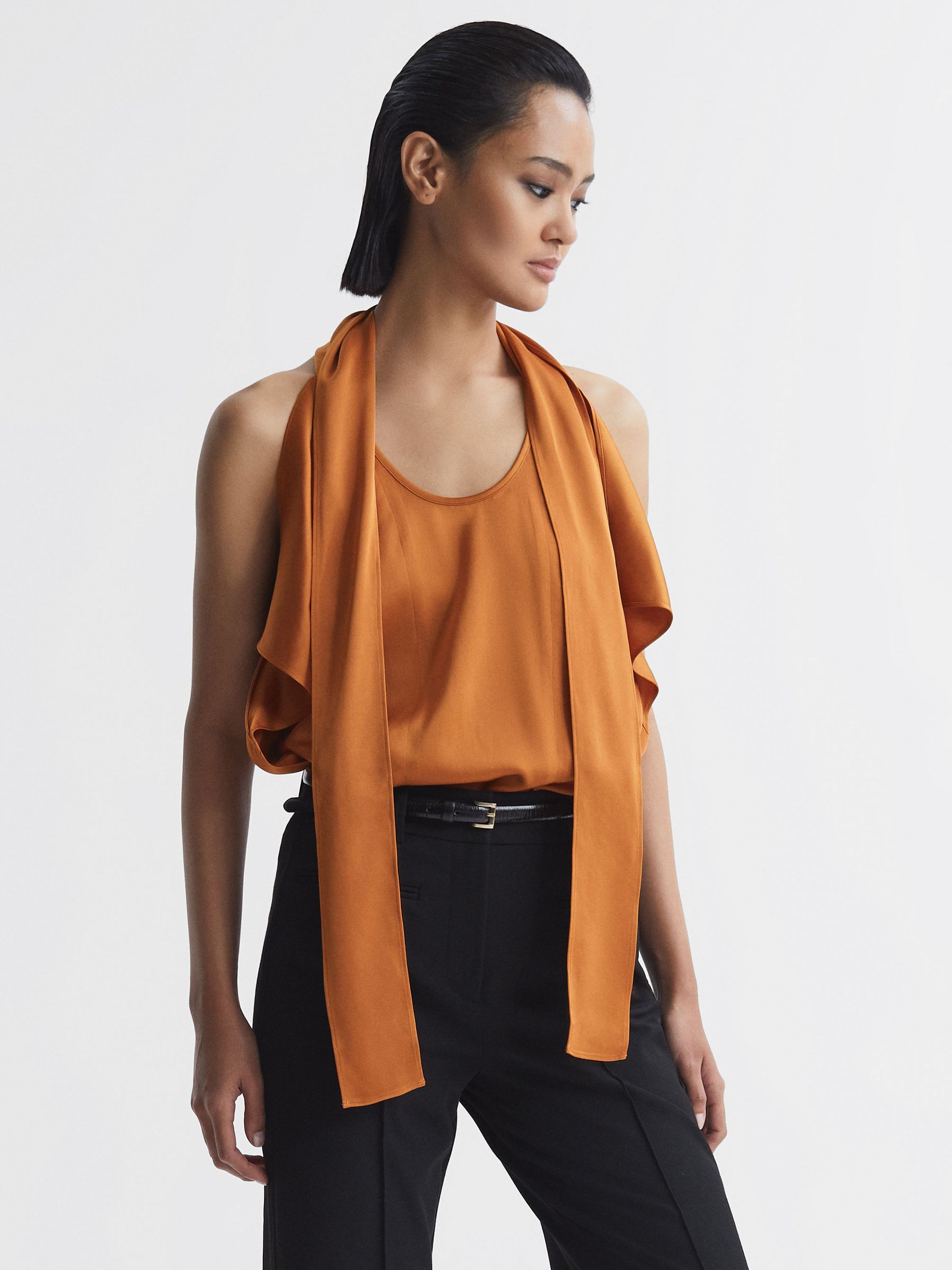 Tie Neck Draped Satin Blouse in Rust