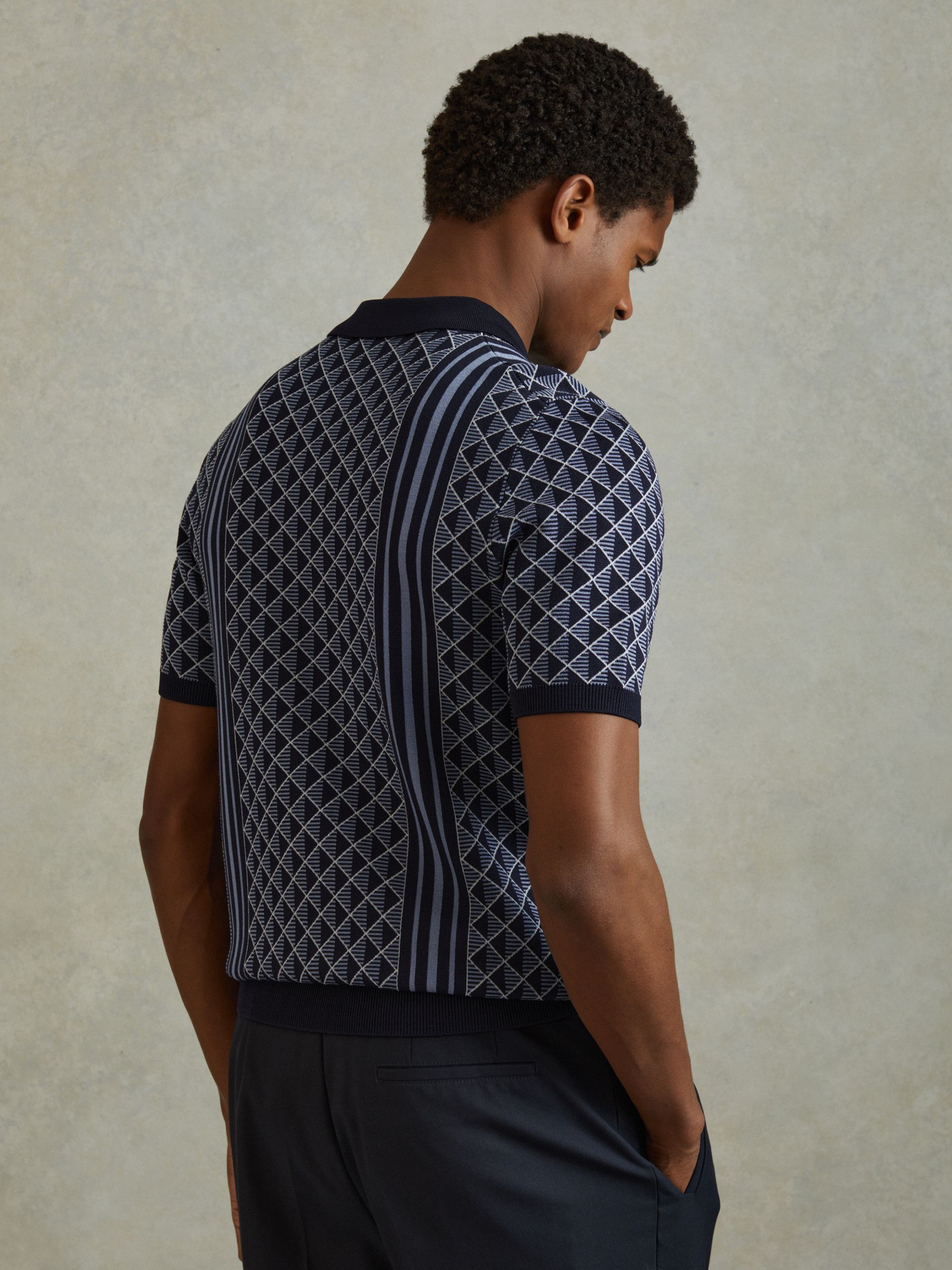 Half-Zip Diamond Stitch Polo Shirt in Navy