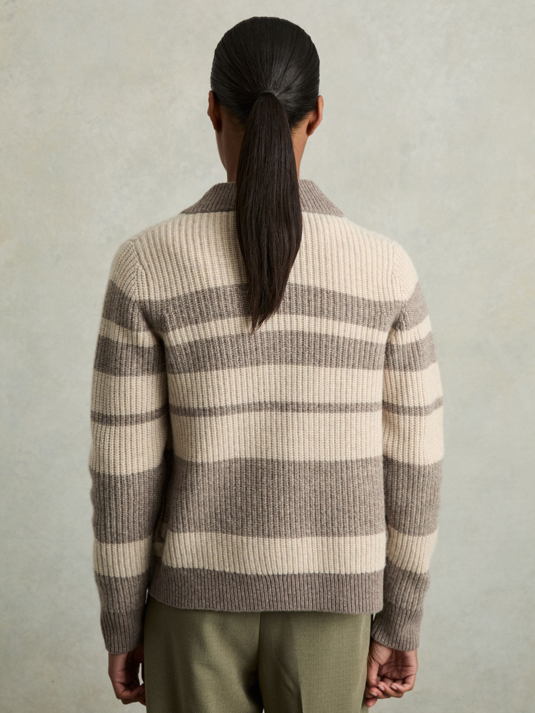 Wool Stripe Zip-Through Cardigan in Neutral/Brown