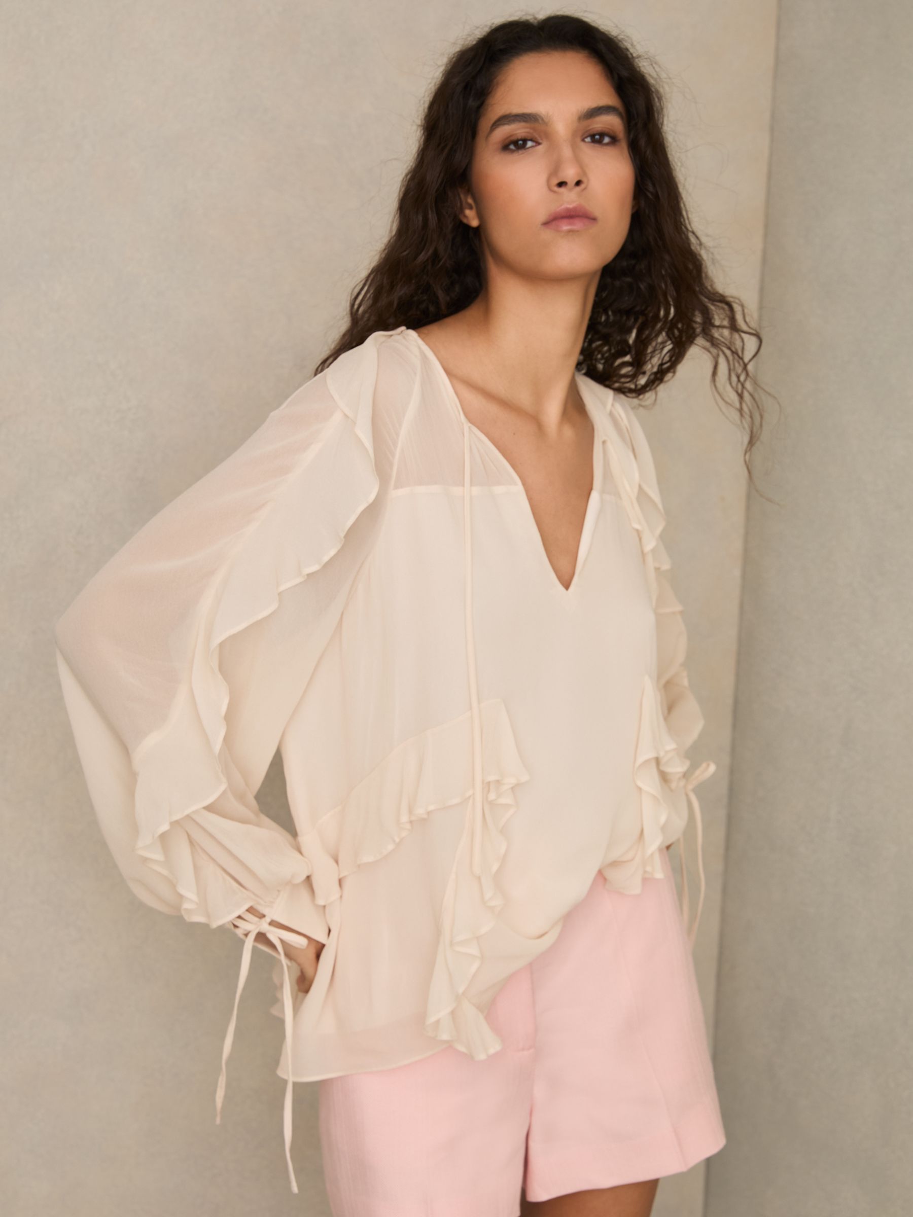 Ruffle Trim Tie Neck Top in Pale Pink