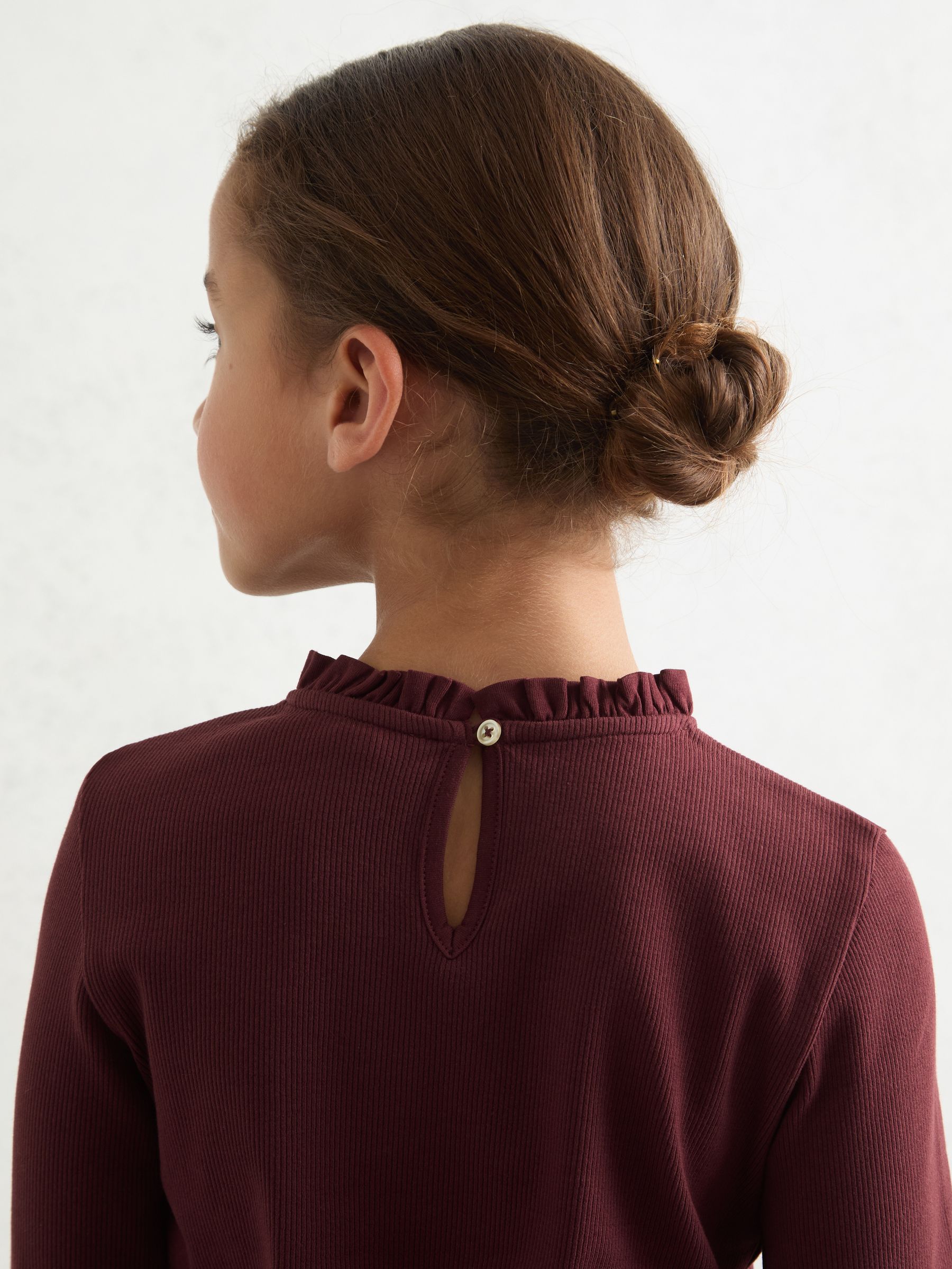 9-13 yrs Stretch-Cotton Ruffle-Neck Top in Burgundy