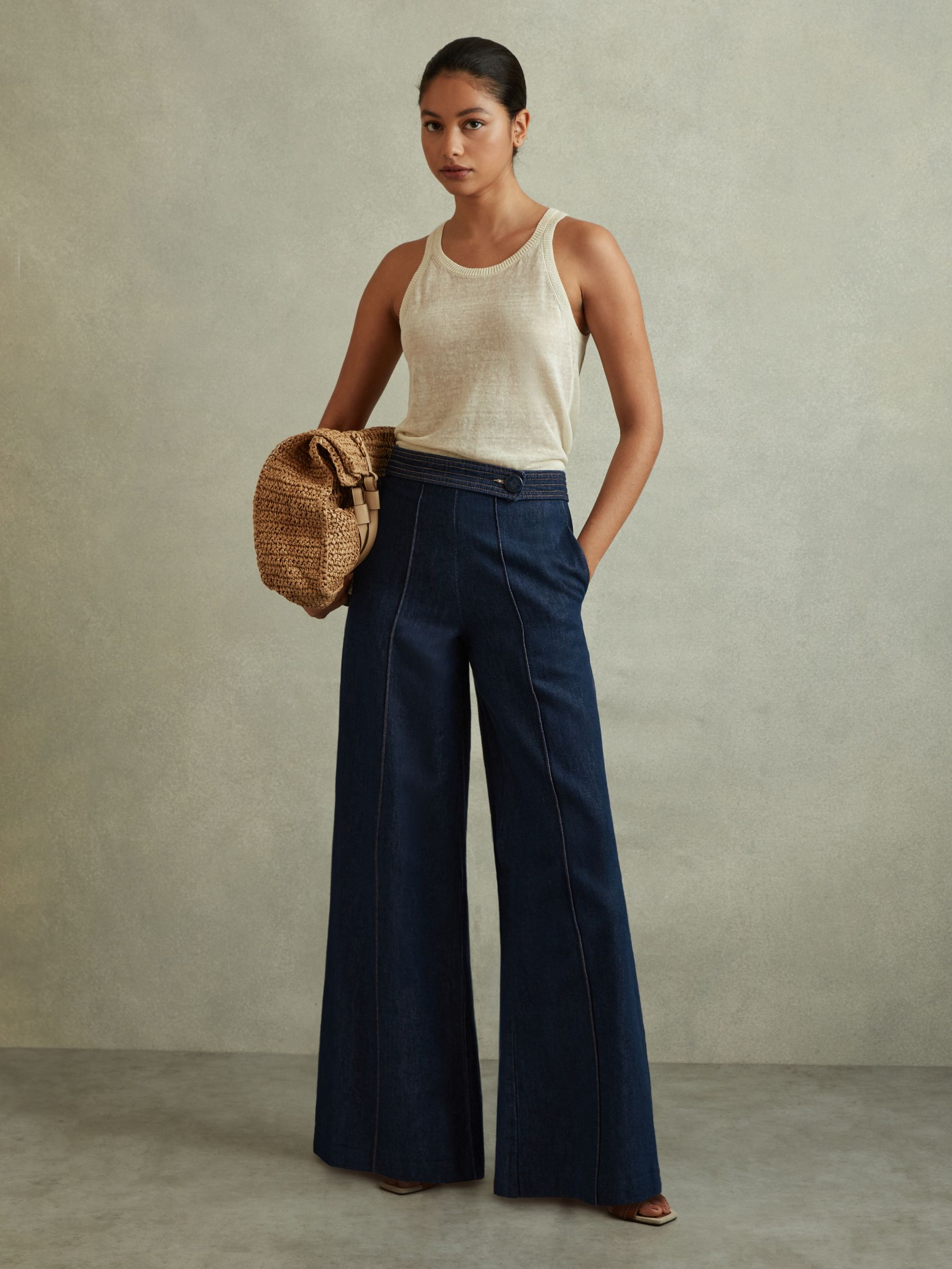 Belted Wide Leg Jeans in Dark Blue