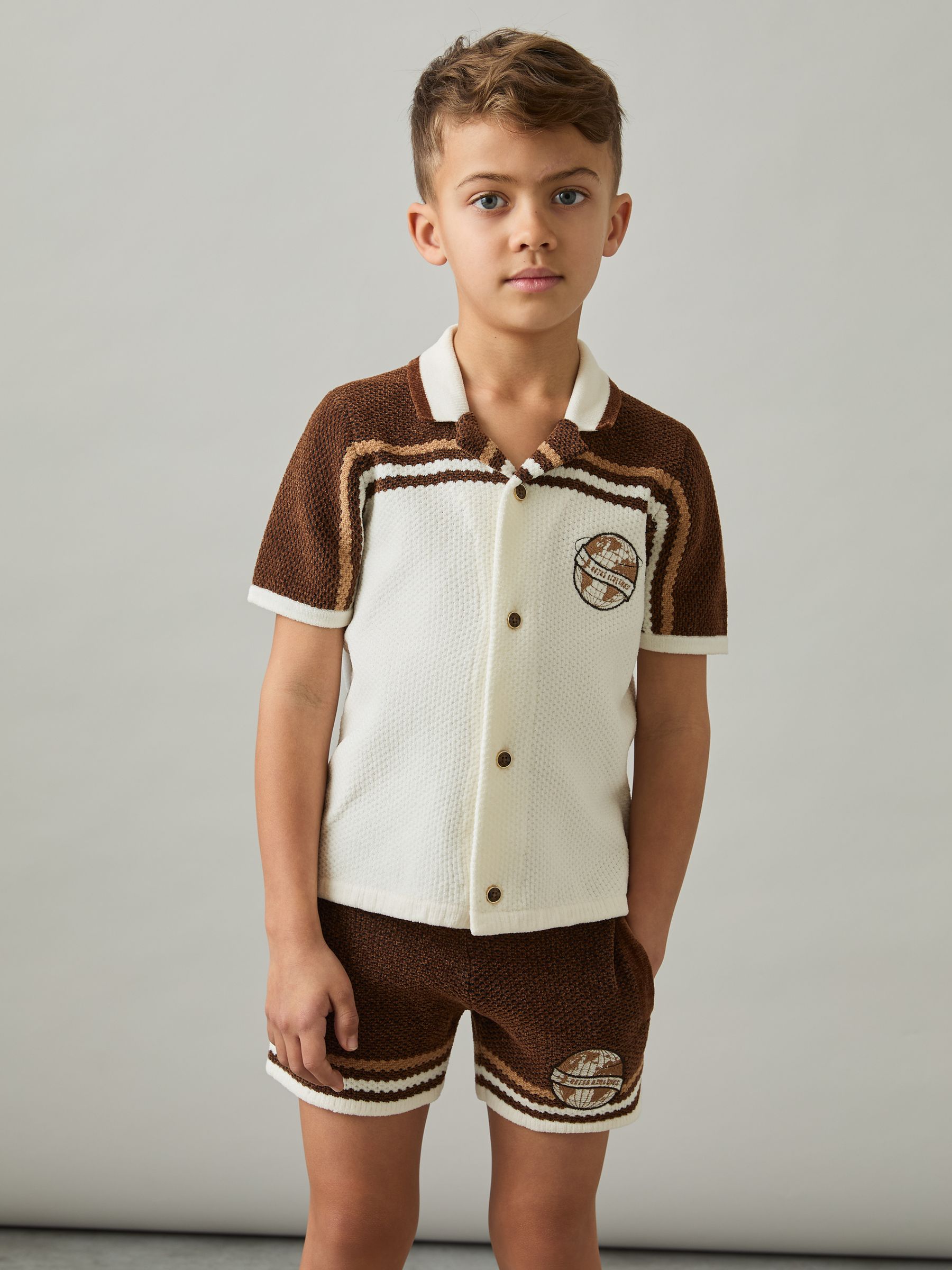 9-13 yrs Chenille Airlines Embroidery Shirt in Taupe Brown/White