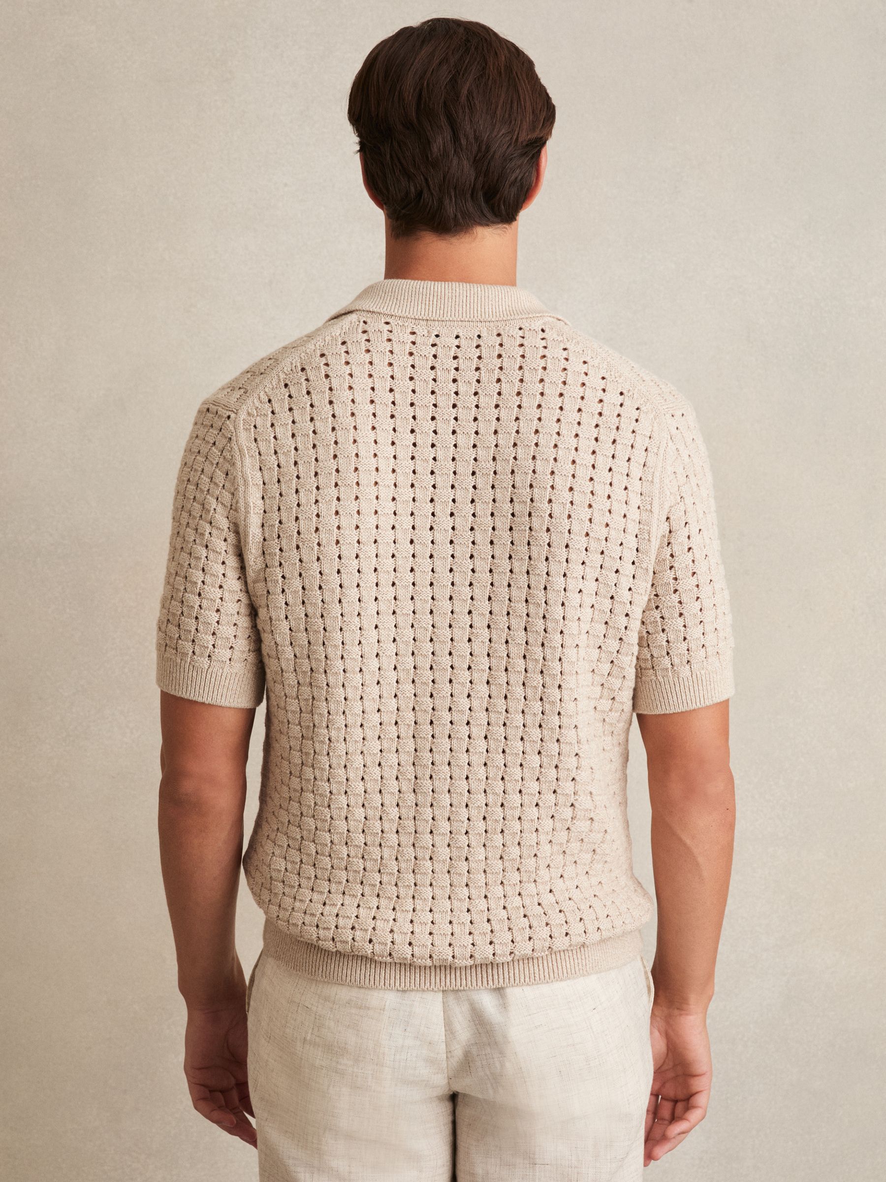 Basketweave Knit Button Through Cotton Blend Shirt in Stone