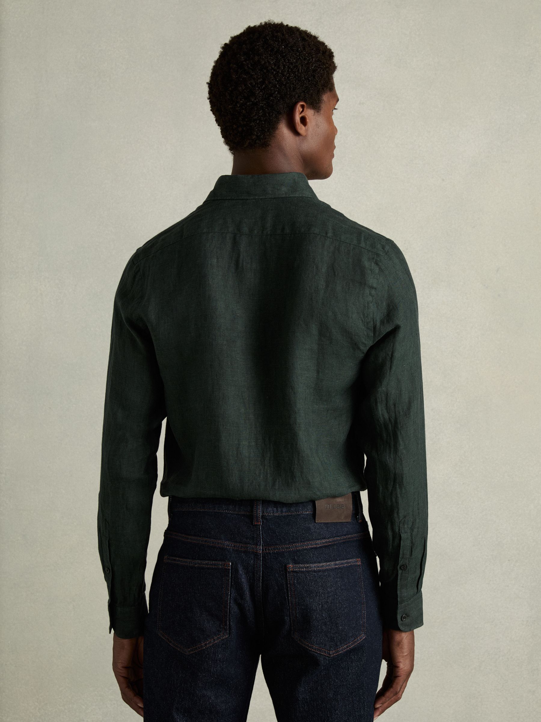 Linen Button-Through Shirt in Dark Green