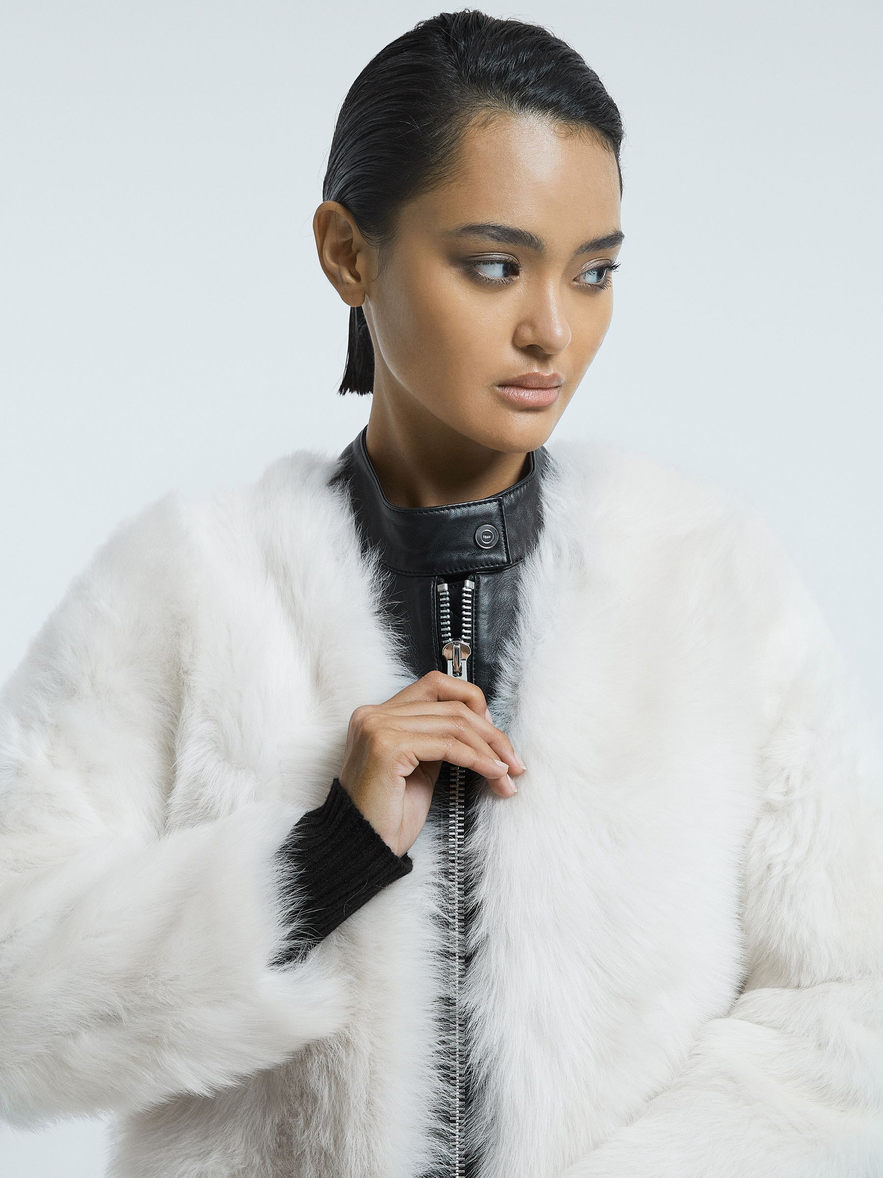 Leather-Shearling Zip-Through Jacket in Ivory/Black