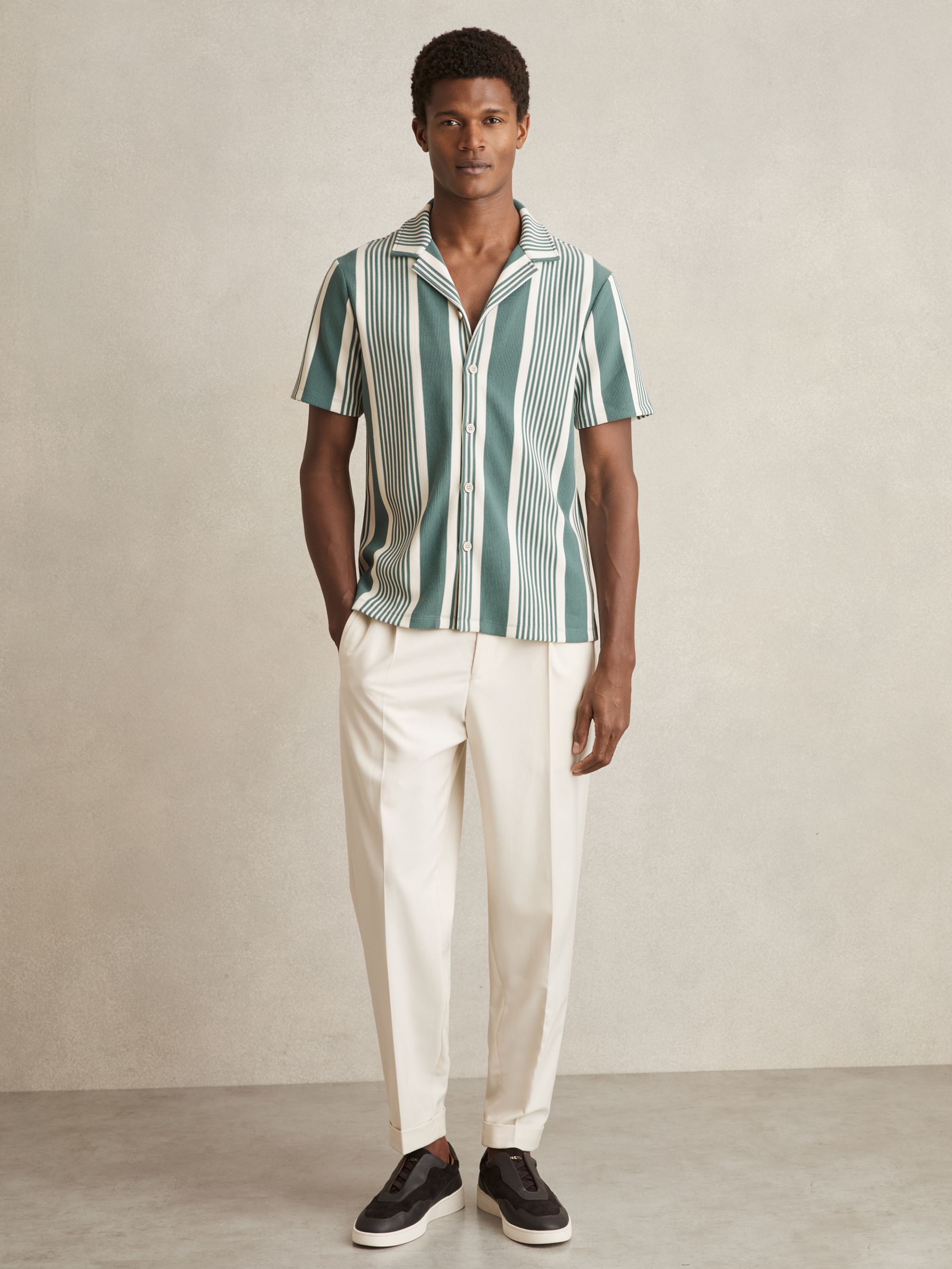 Stripe Ribbed Cuban Collar Shirt in Sage/White