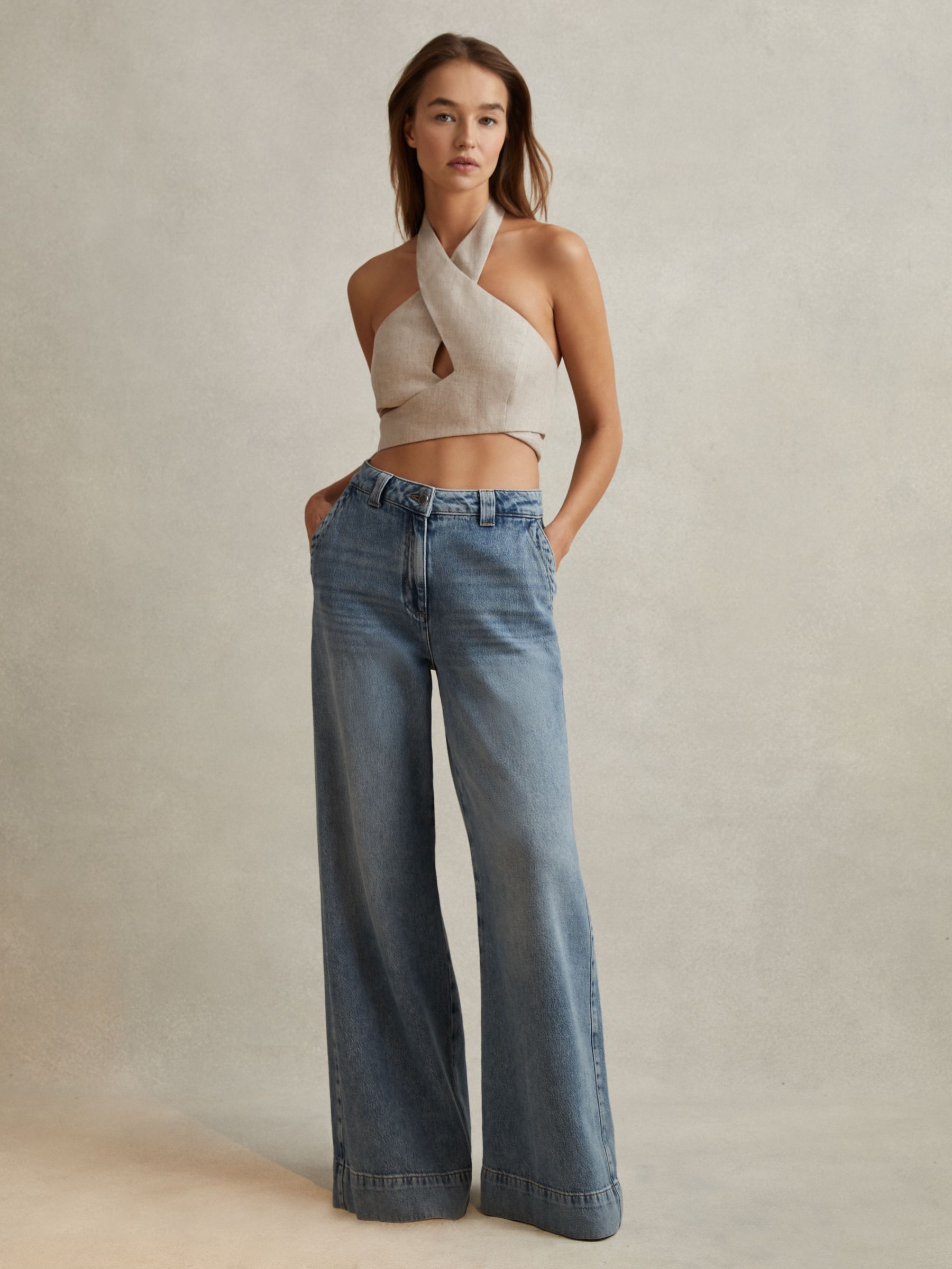 Linen Halter Neck Cropped Top in Neutral