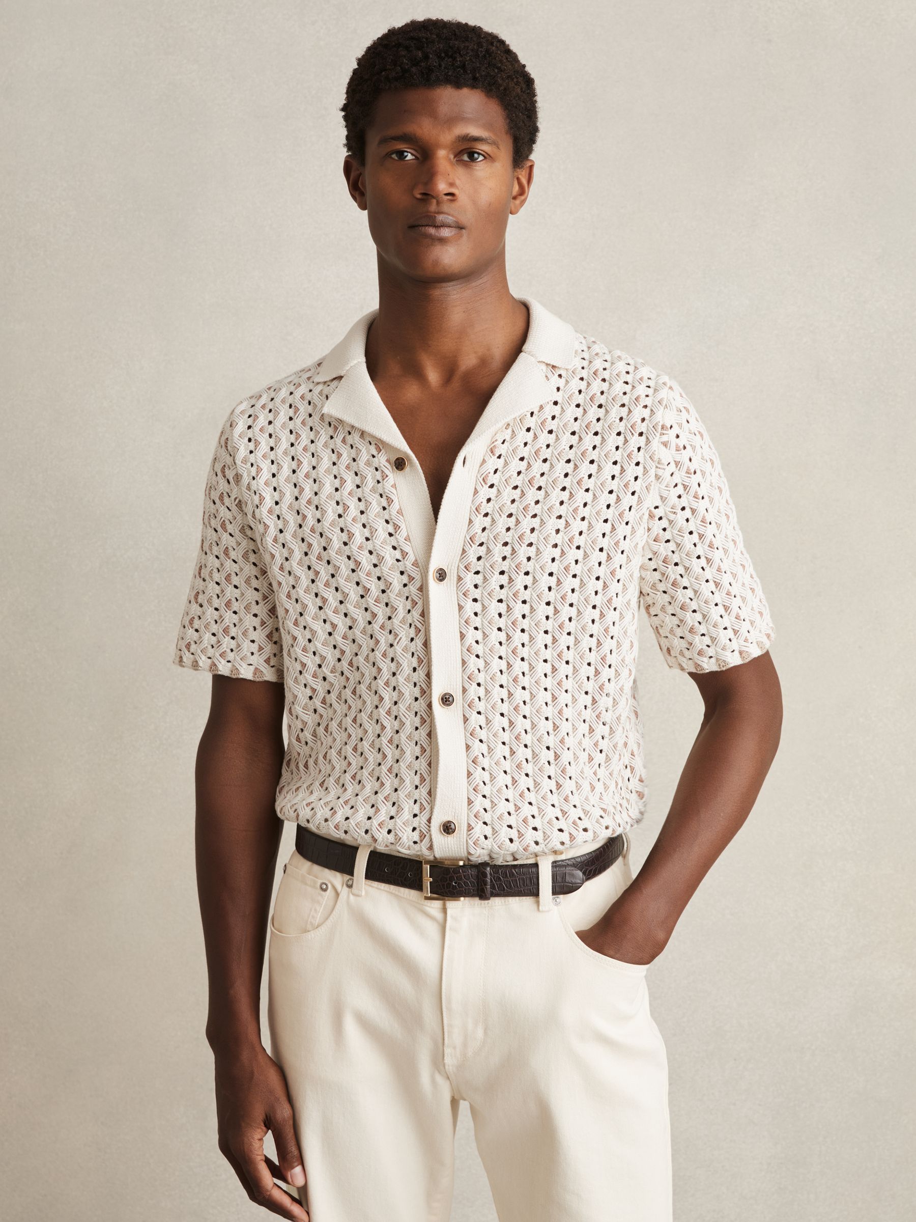 Textured-Knit Cuban-Collar Shirt in Natural