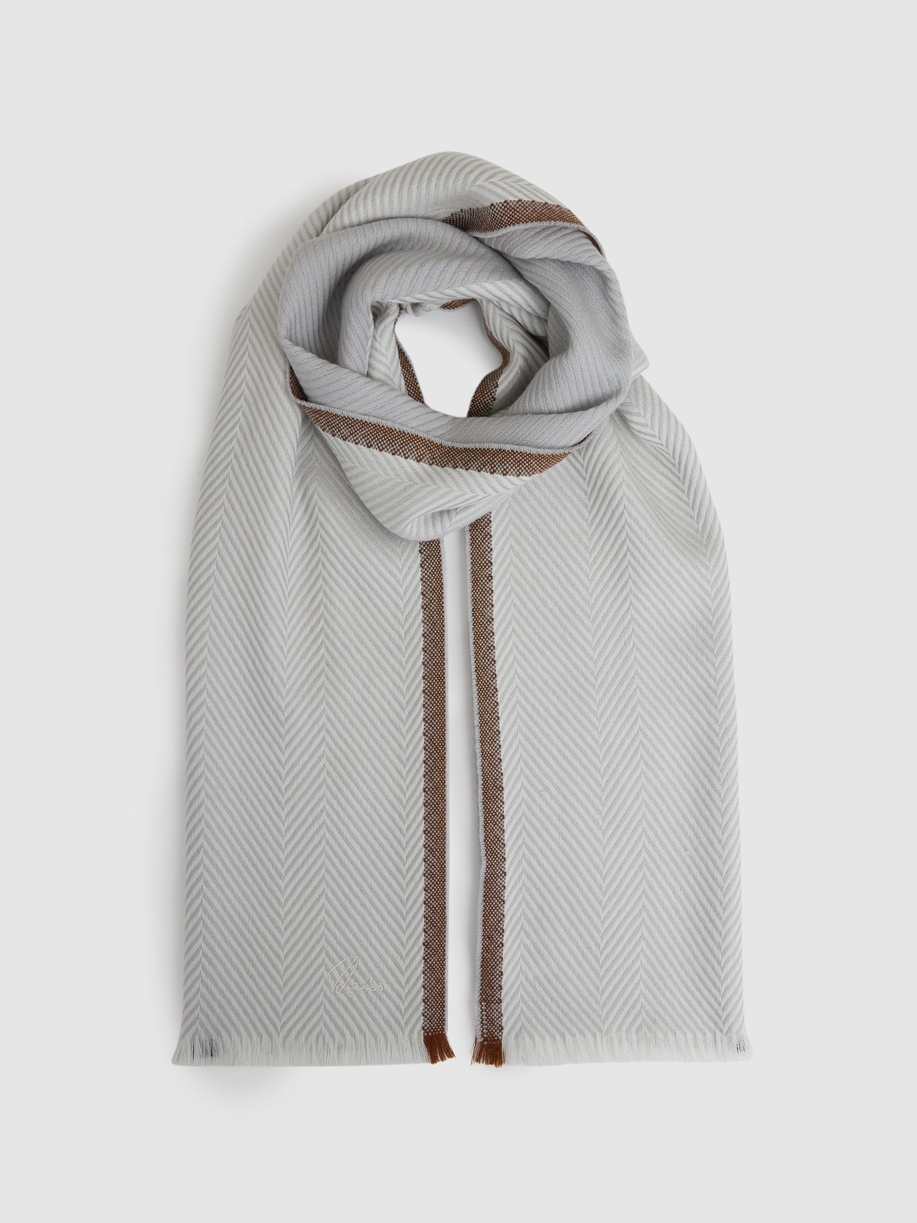 Logo-Embroidered Wool-Herringbone Scarf in Grey