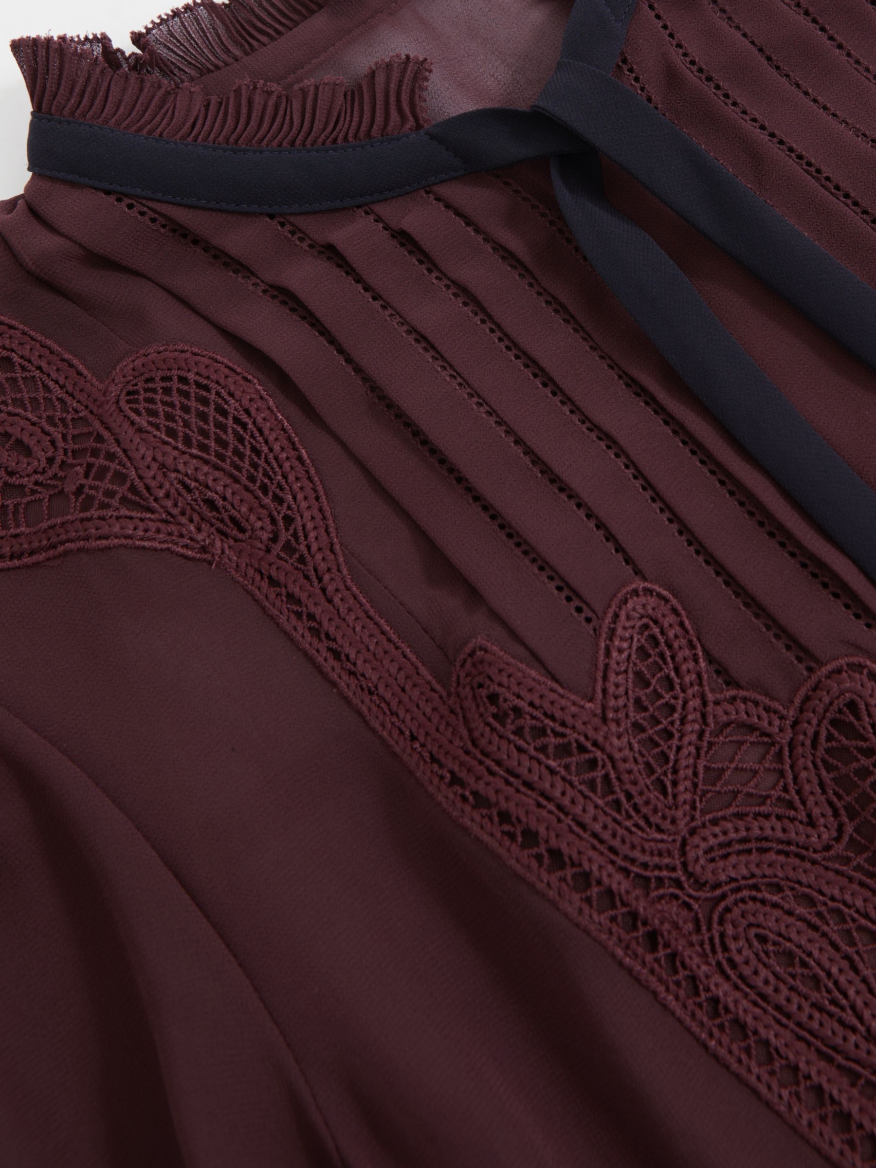 Lace-Embroidered Tie-Neck Shirt in Burgundy
