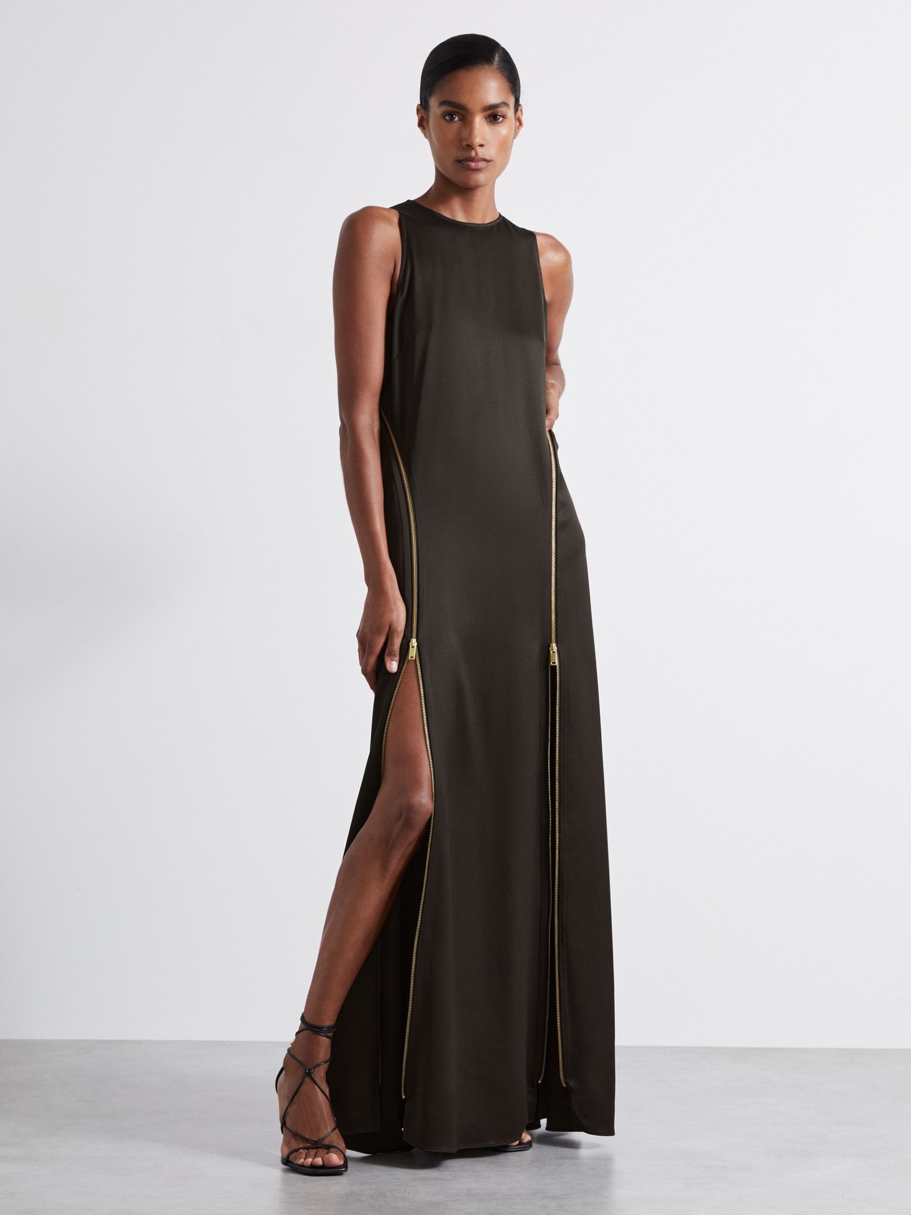 Atelier Zipped Satin Maxi Dress with Virgin Wool in Chocolate