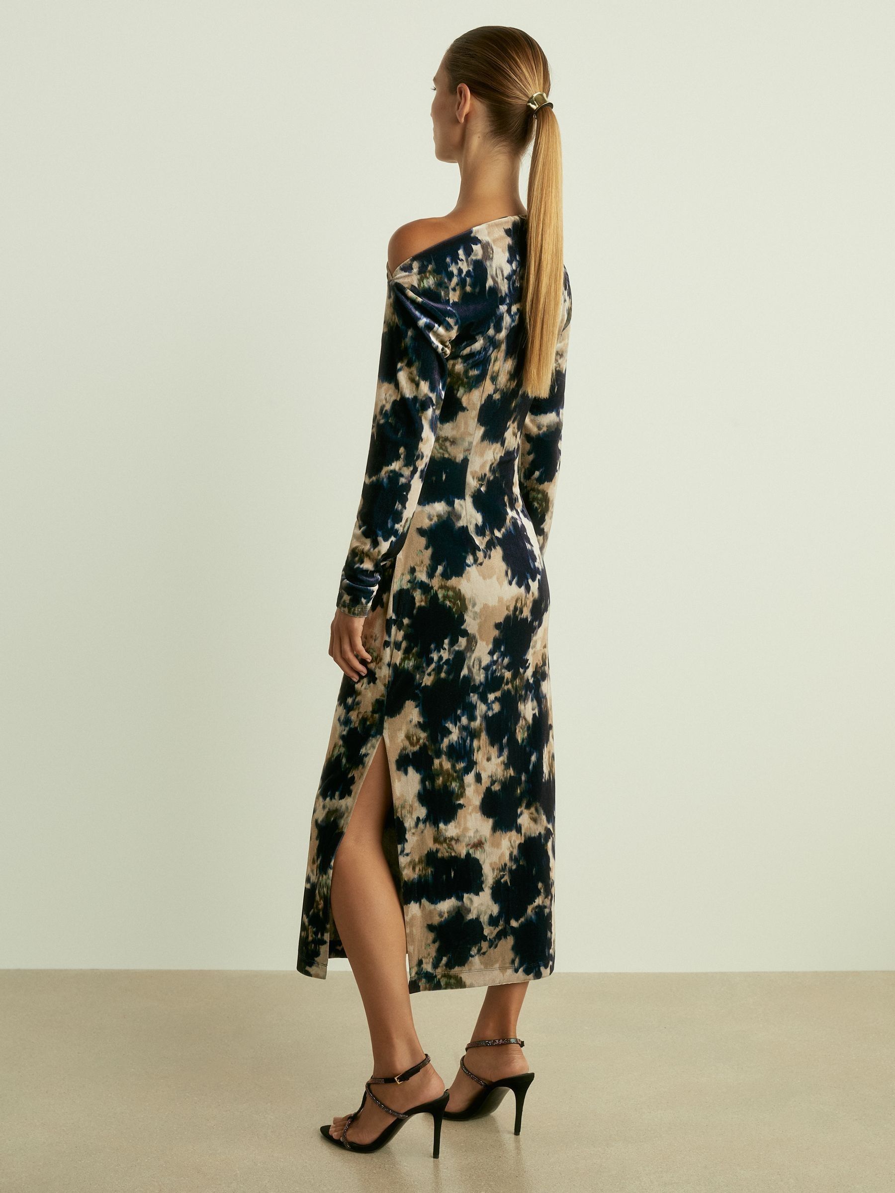 Ruched Abstract-Print Velvet Dress in Navy