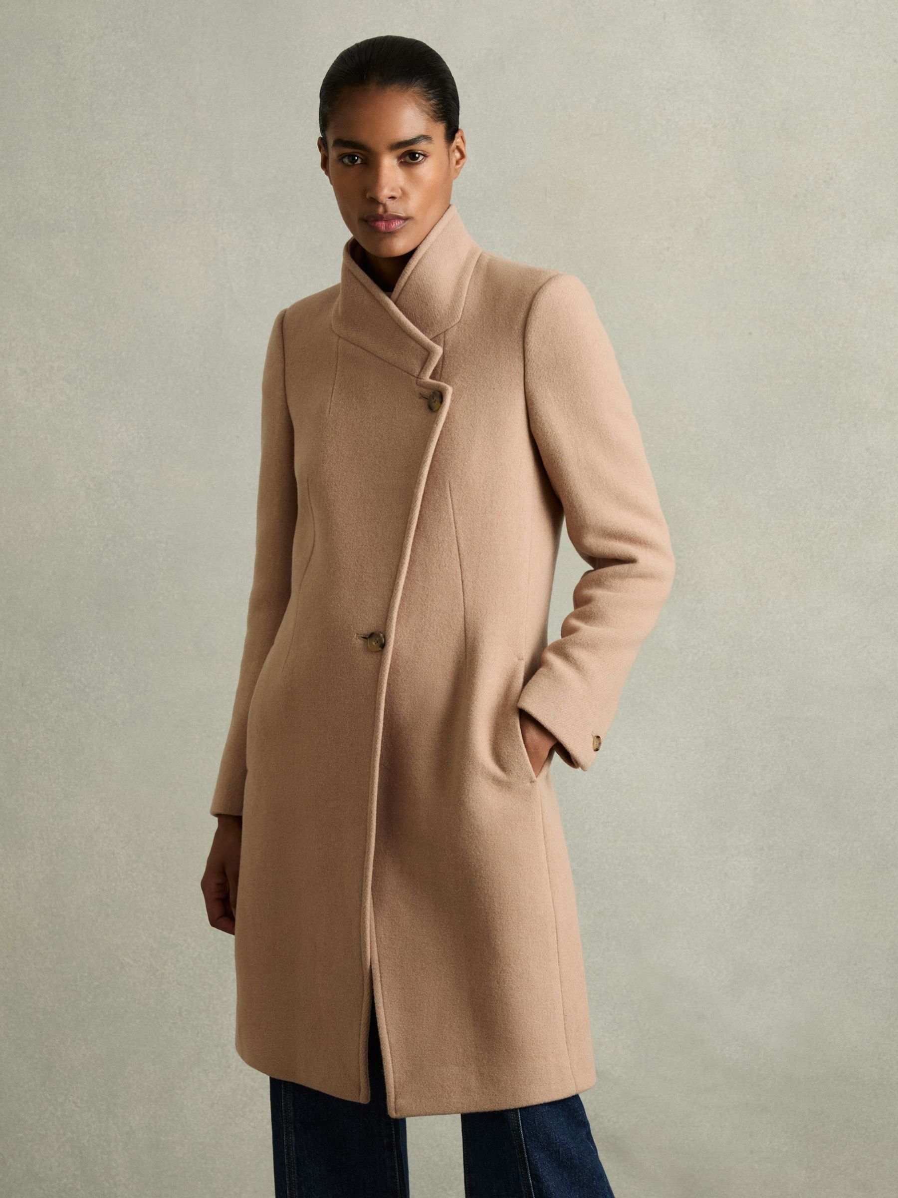 Wool Blend Longline Double Breasted Coat in Light Camel