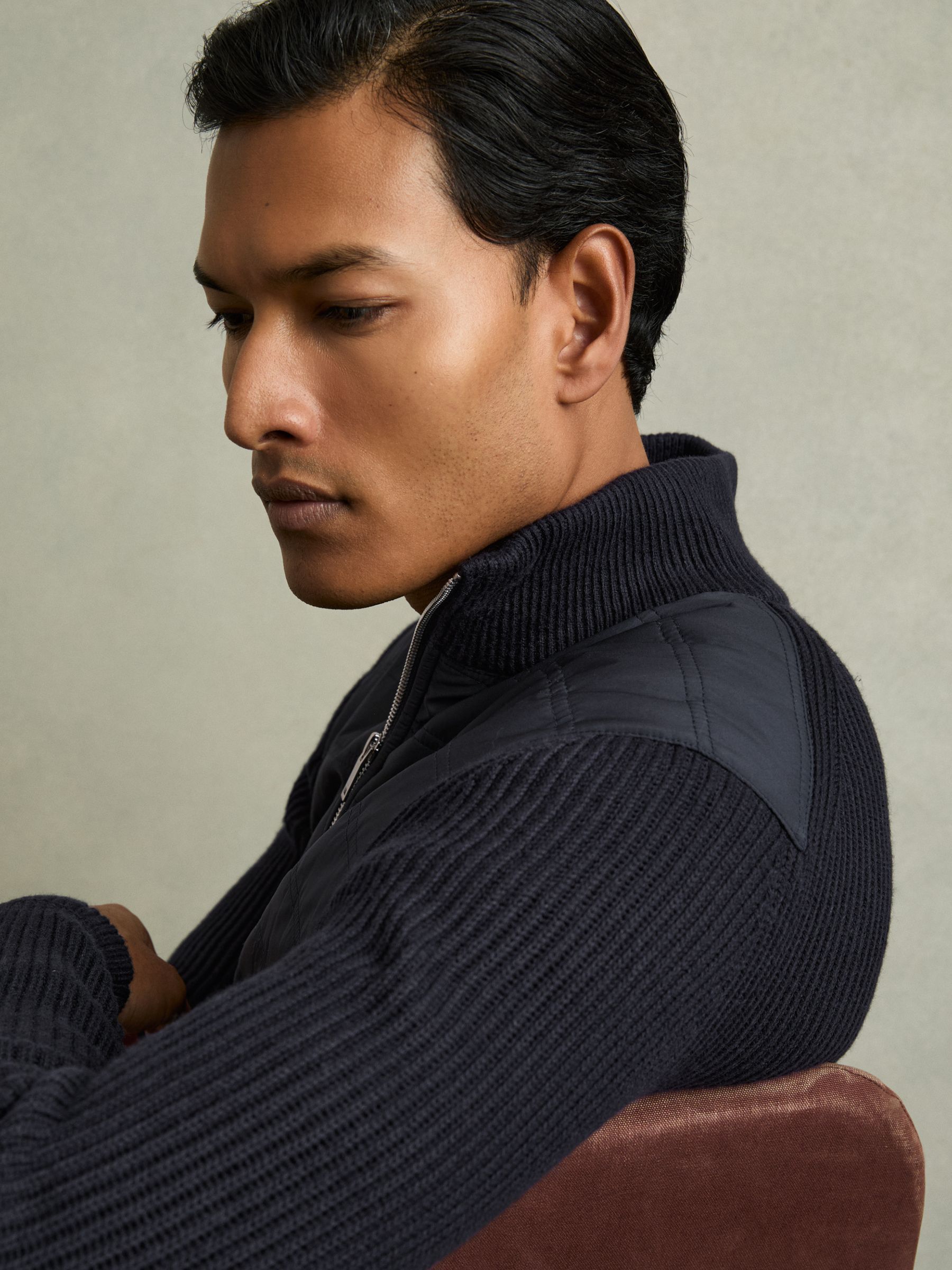 Hybrid Quilt and Knit Zip-Through Jacket in Navy