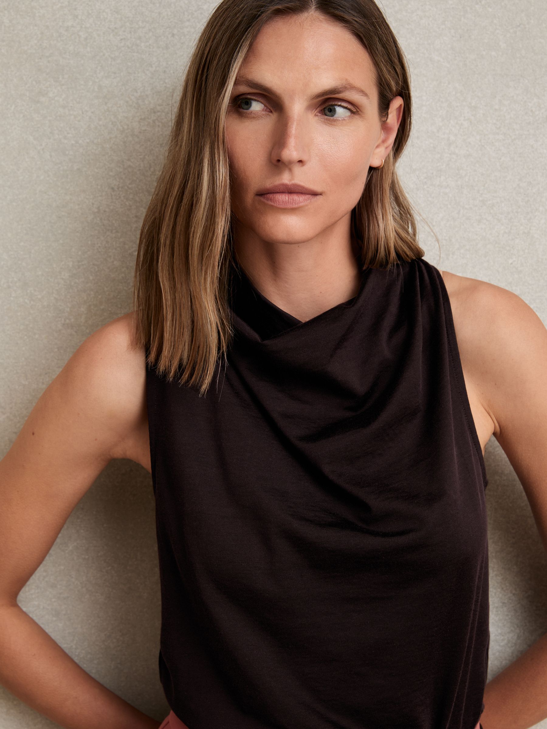 Cotton-Blend Cowl-Neck Sleeveless Top in Plum Purple