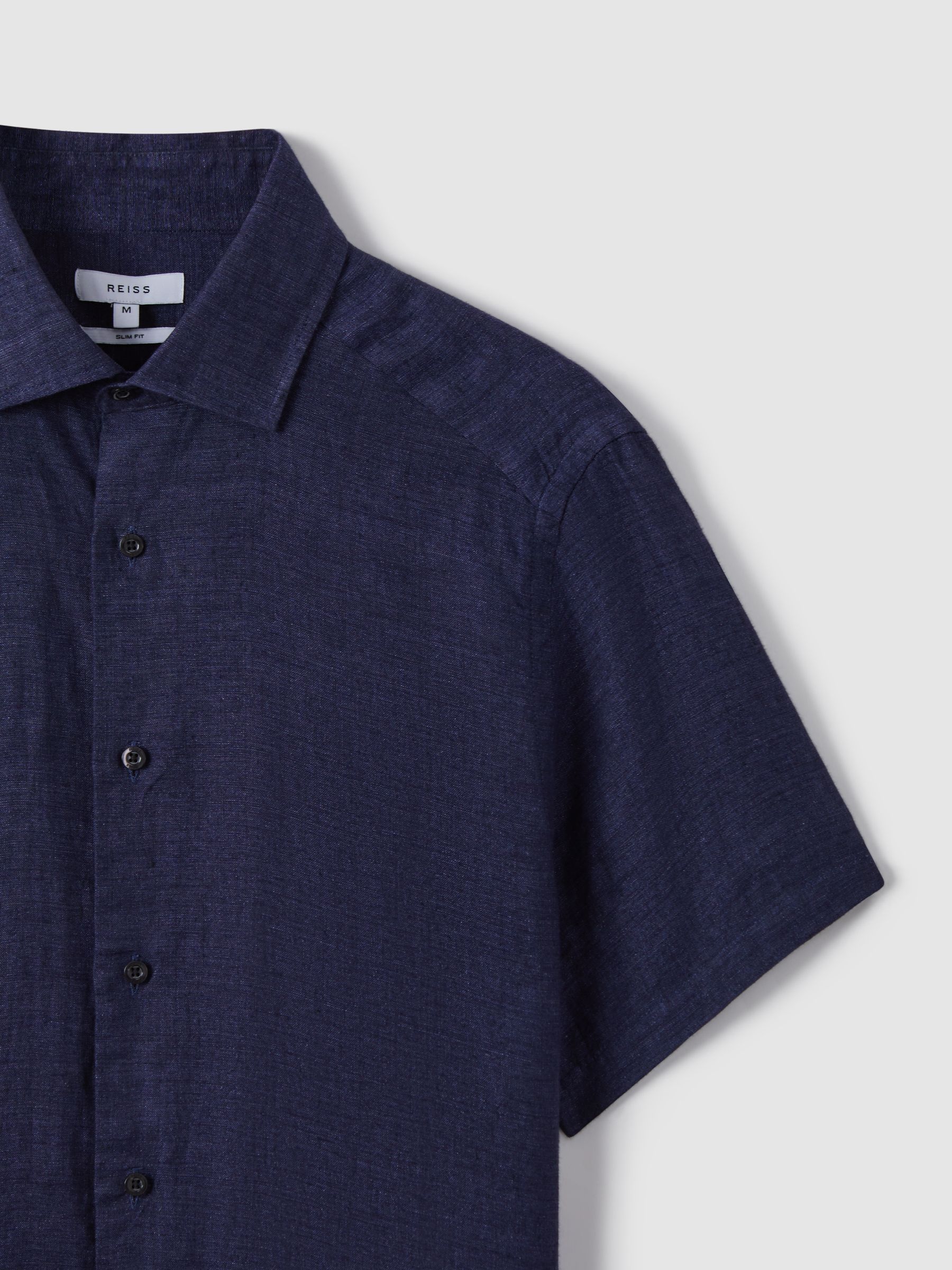 Slim Fit Linen Button-Through Shirt in Navy