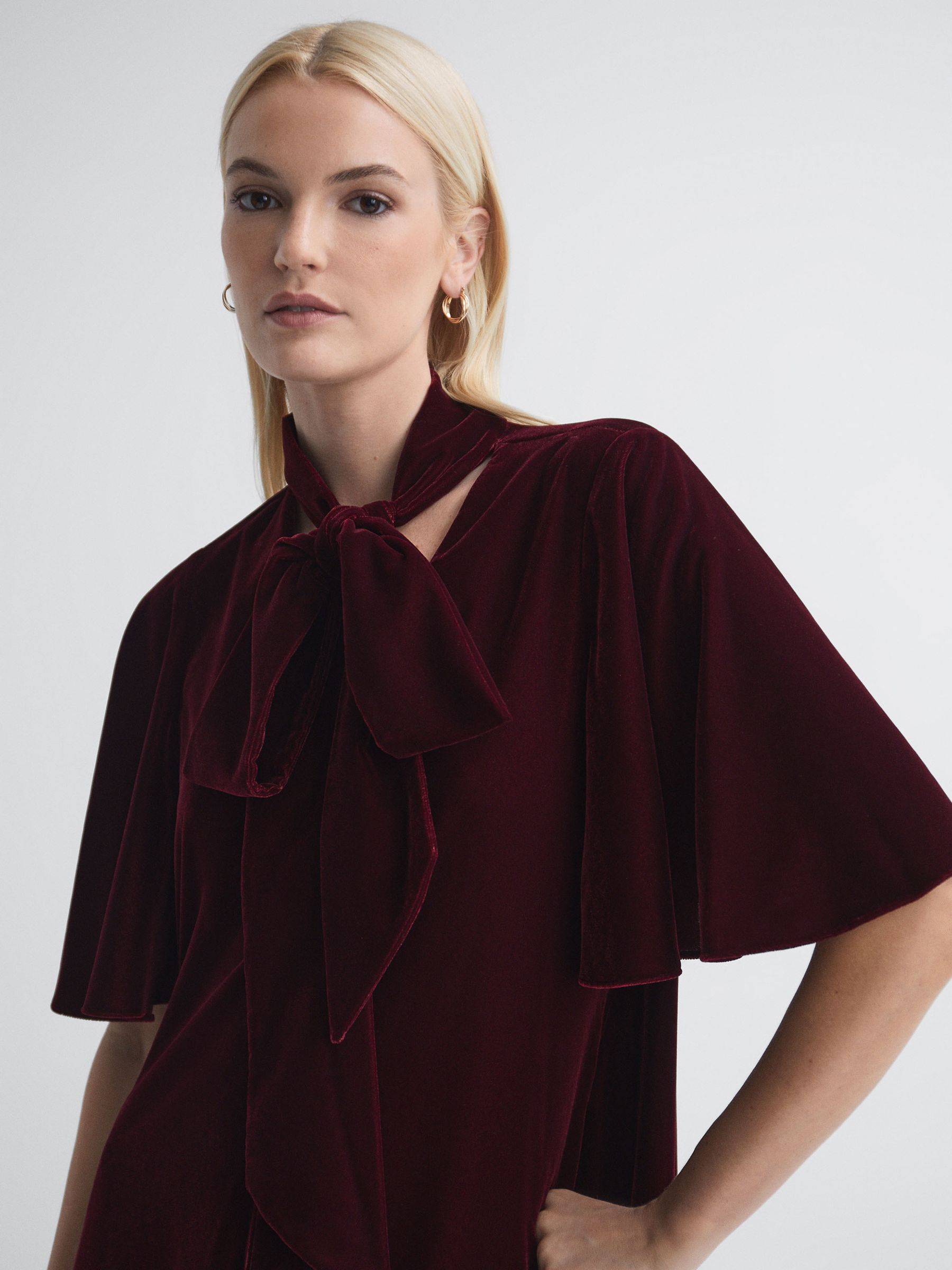 Florere Velvet Tie Neck Midi Dress in Burgundy