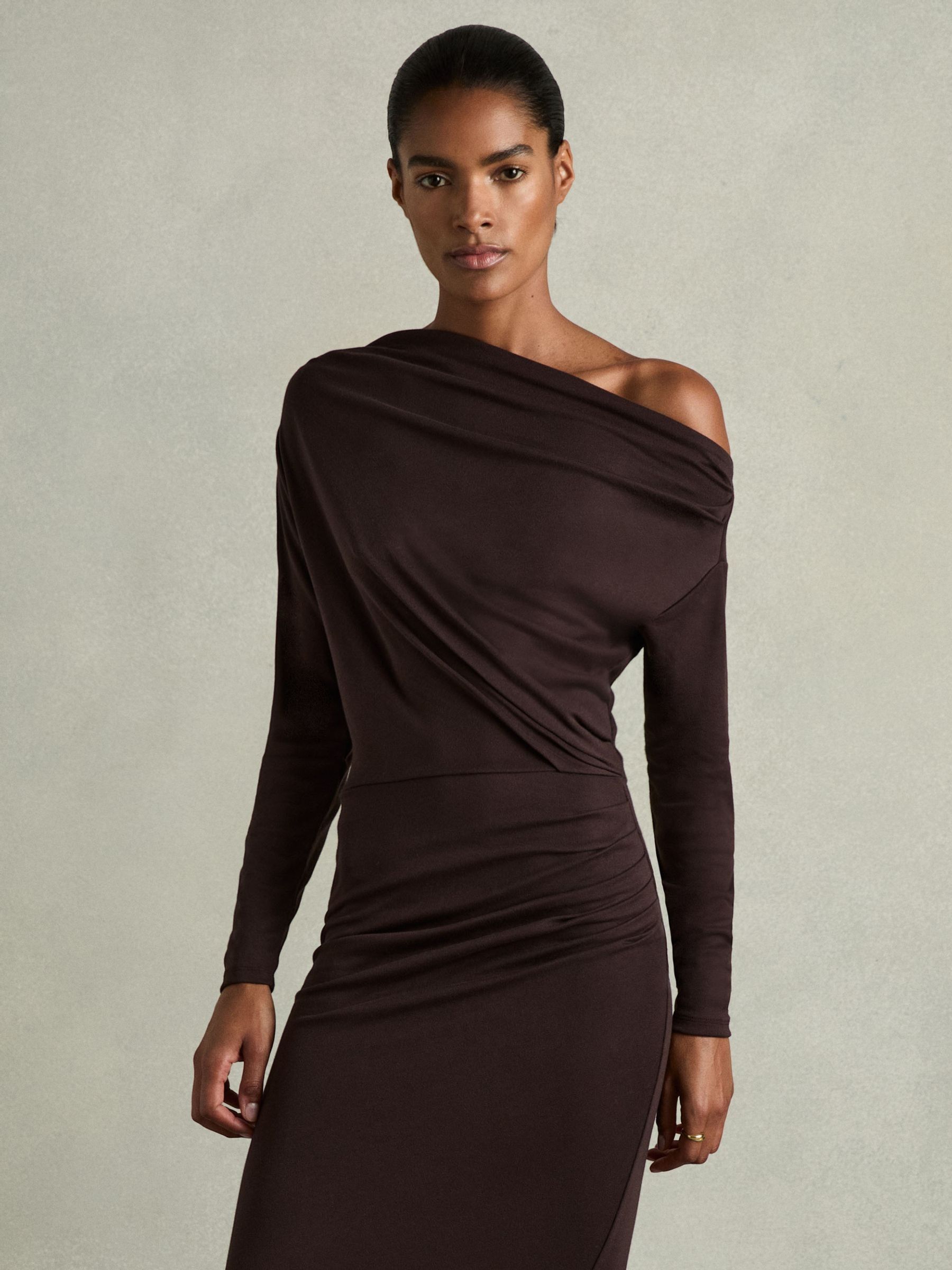 Off-The-Shoulder Ruched Jersey Midi Dress in Brown