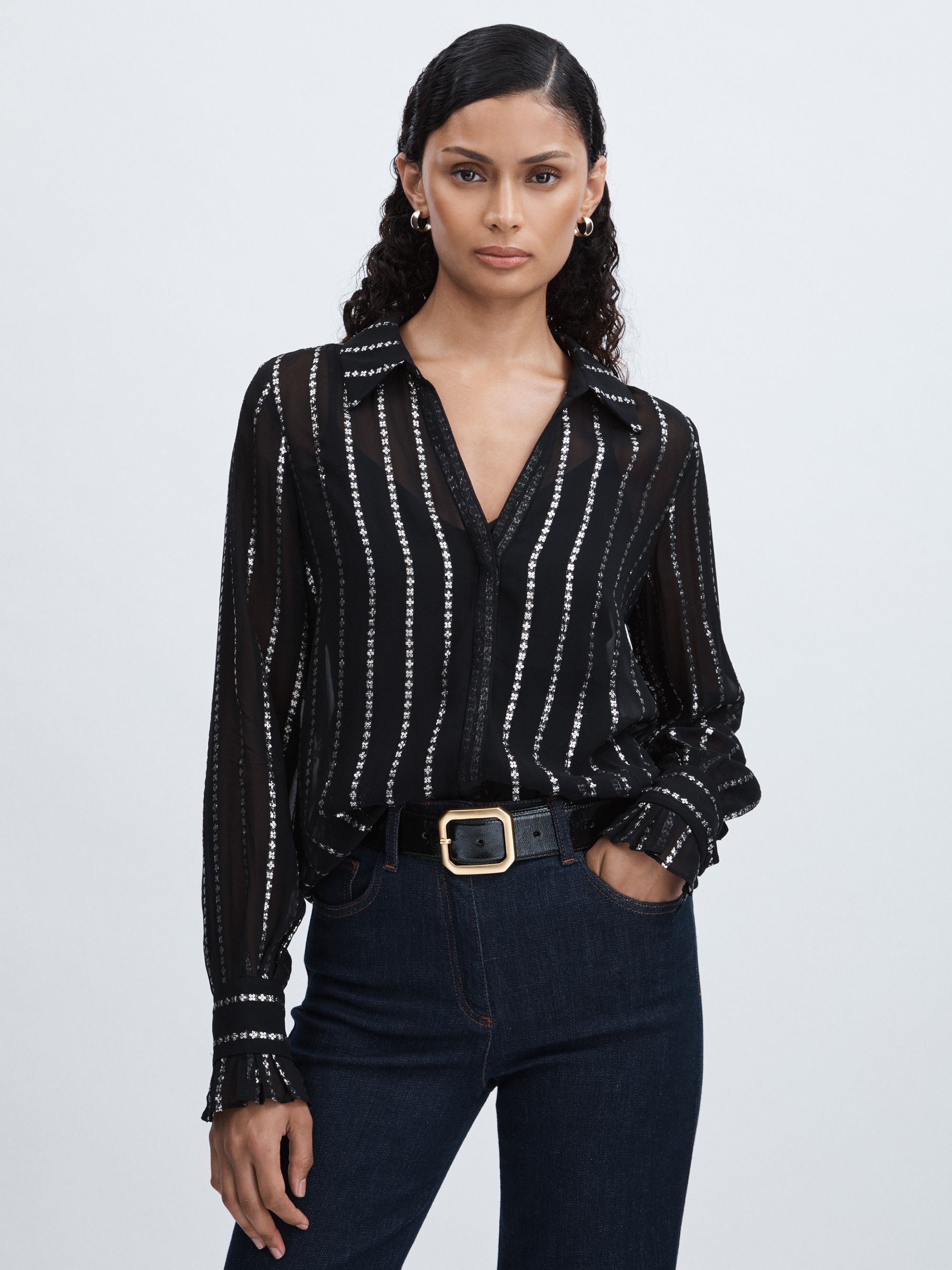Paige Sheer Floral-Stripe Blouse in Black