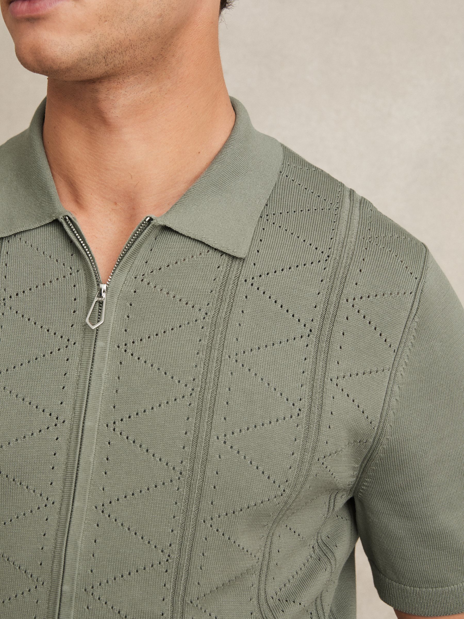 Pointelle-Knit Zip-Through Shirt in Sage