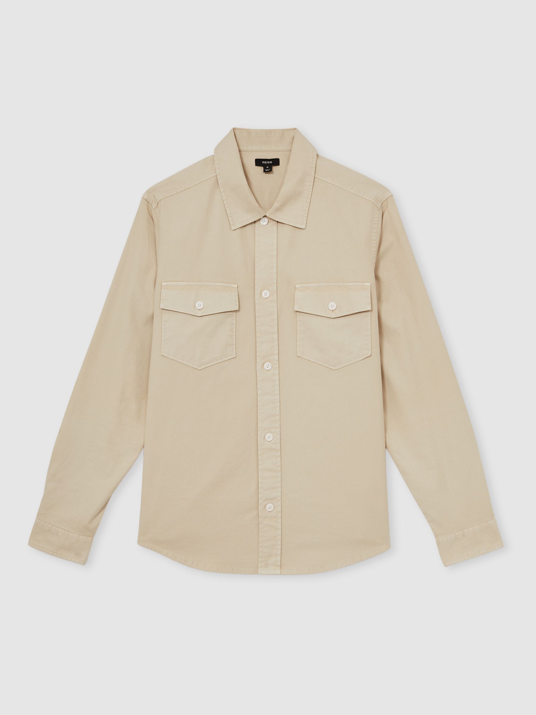 Cotton Twill Twin Pocket Overshirt With Stretch in Stone