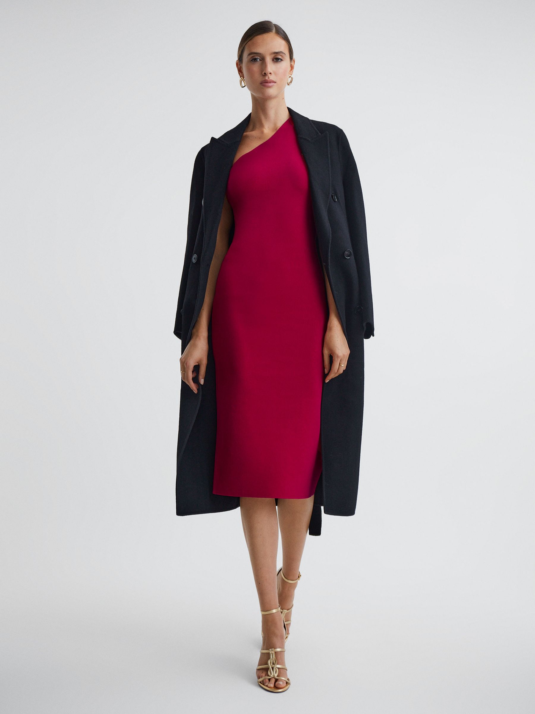 Knitted One Shoulder Bodycon Midi Dress in Pink