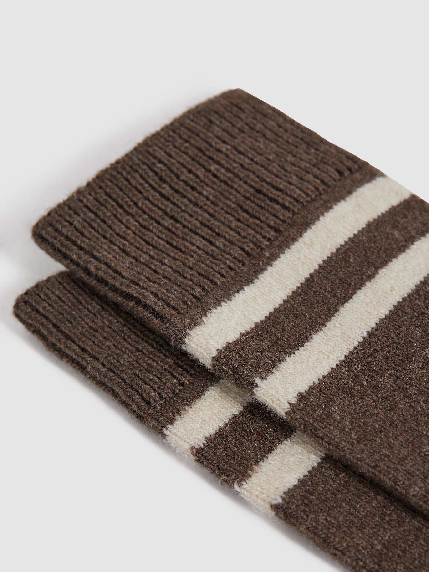 Wool Blend Striped Crew Socks in Brown Melange