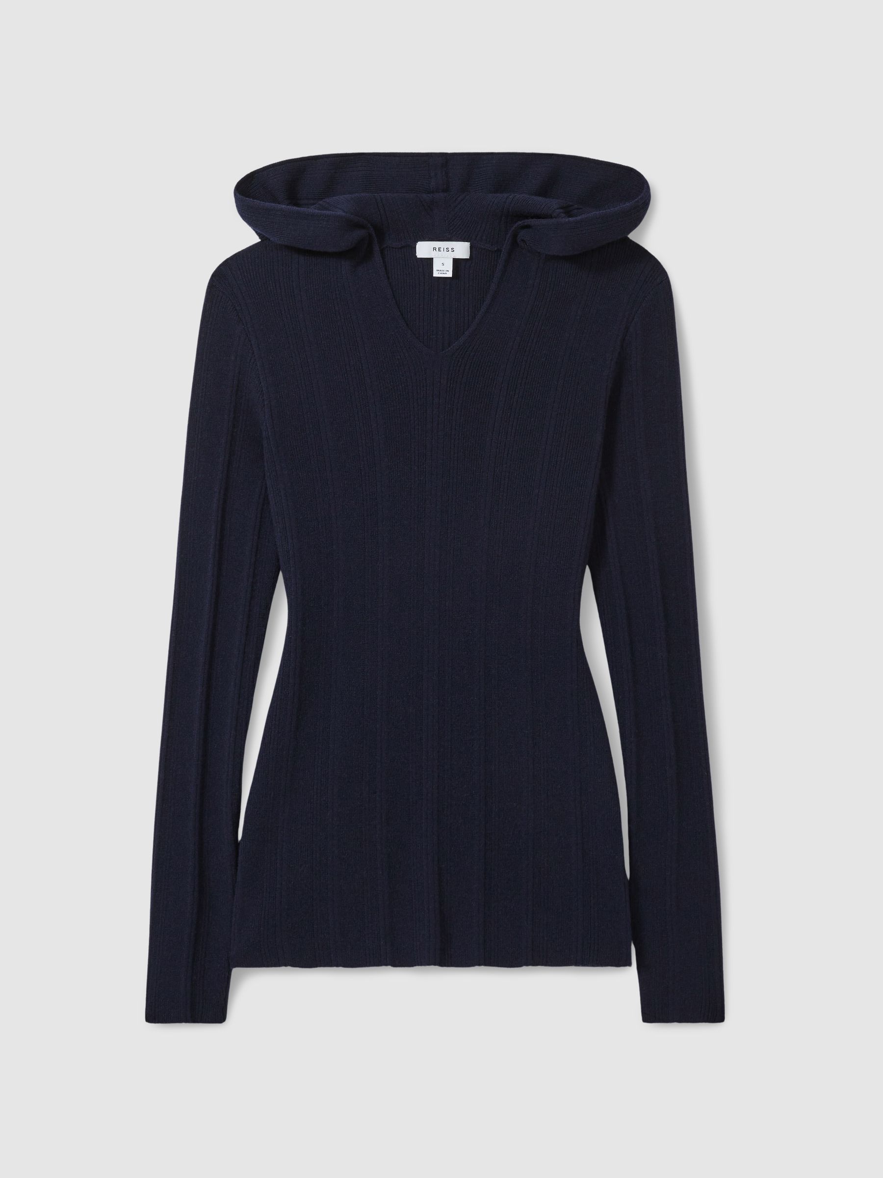 Wool-Blend Rib-Knit Hooded Jumper in Navy