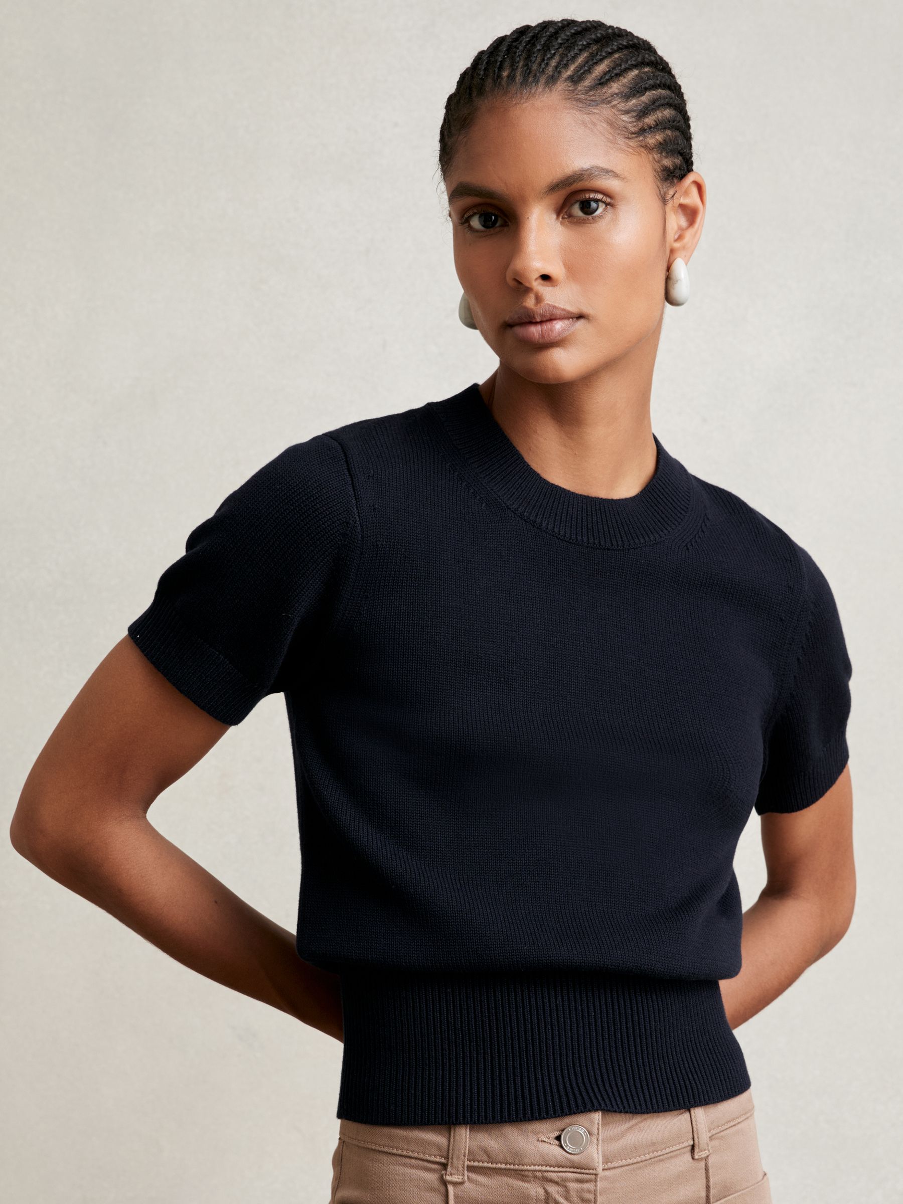 Cotton And Wool Crew-Neck Top in Navy