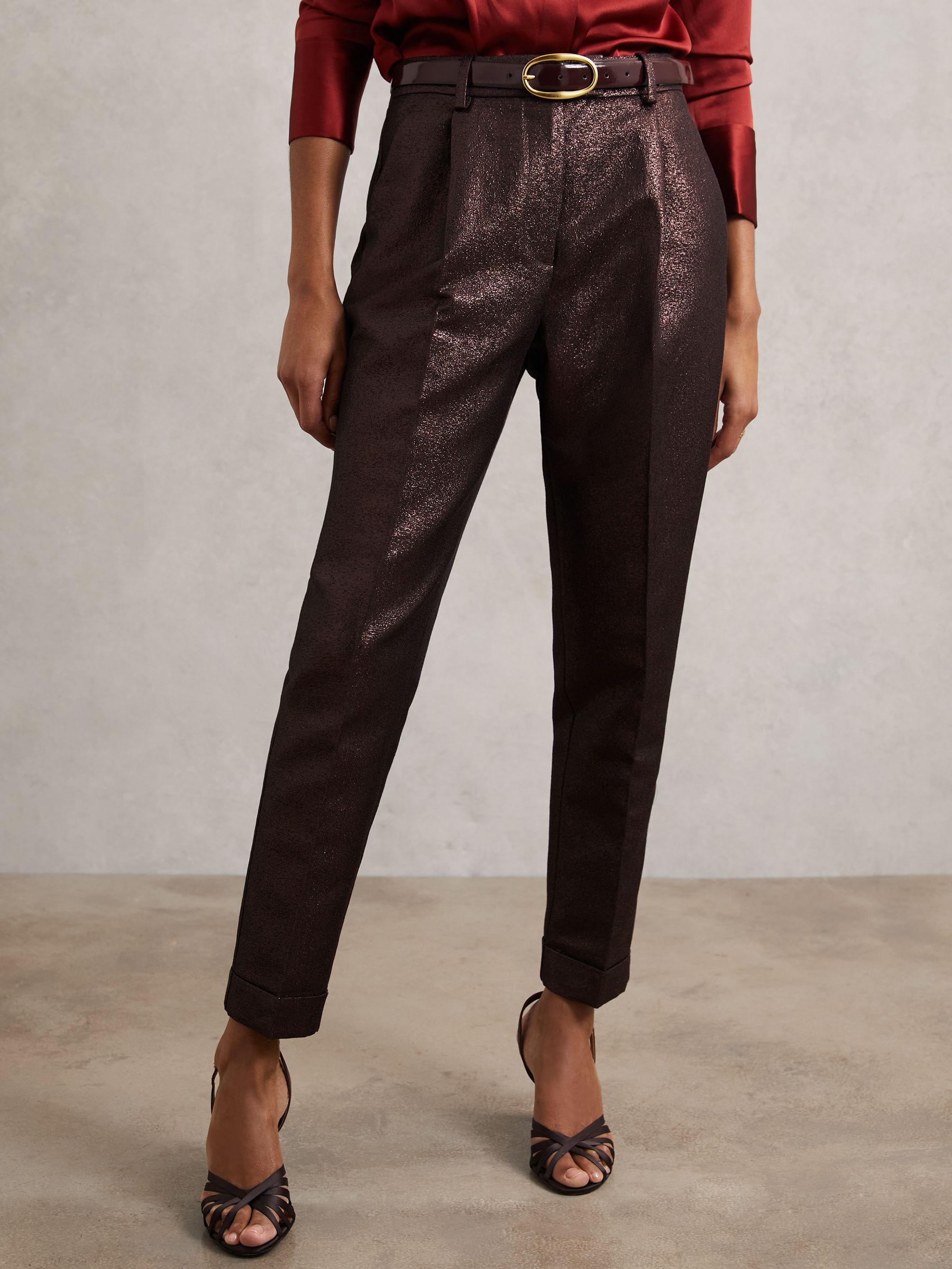 Tapered Metallic Suit Trousers with Cotton in Burgundy