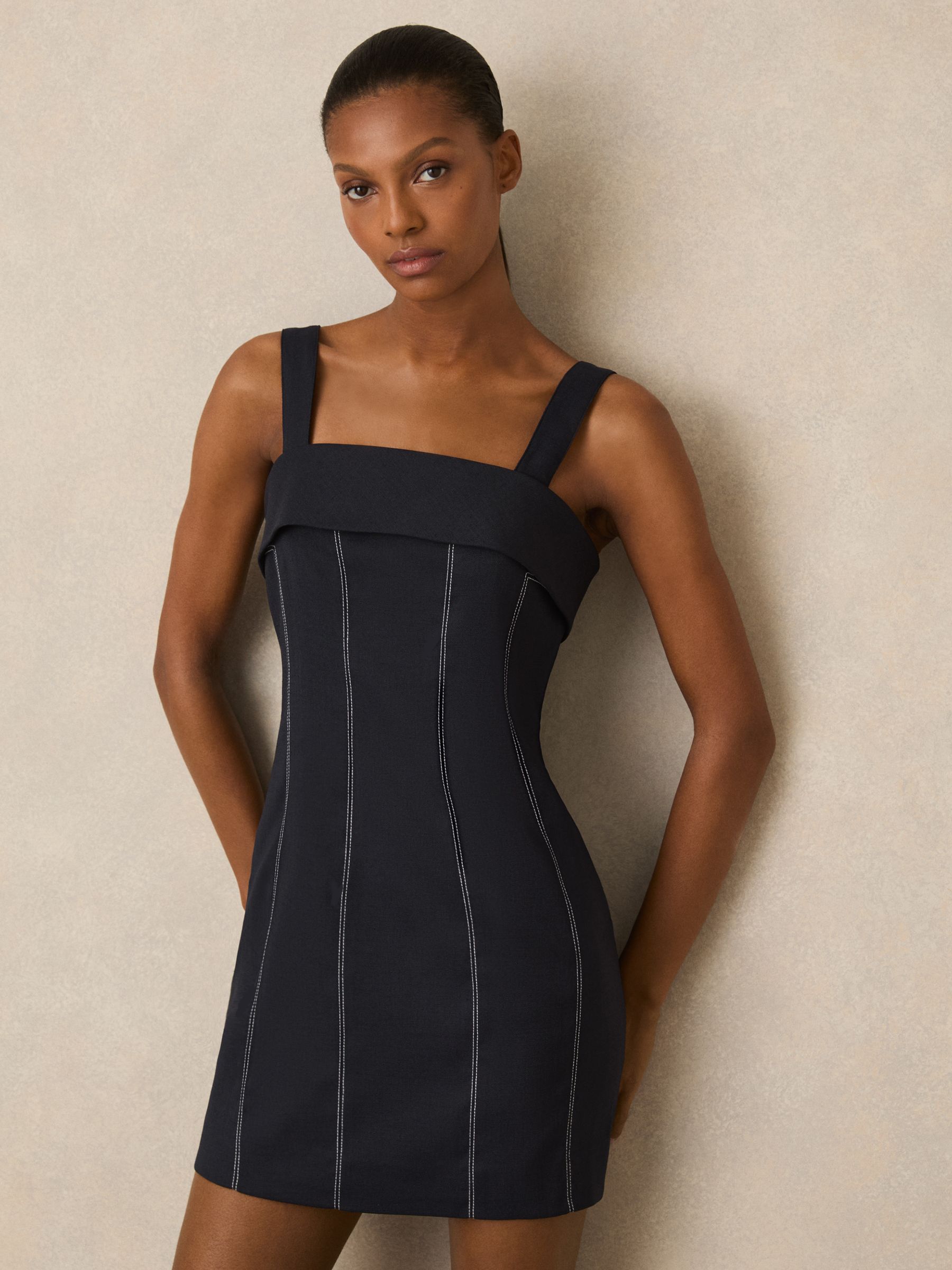 Contrast-Stitch Structured Mini Dress in Navy