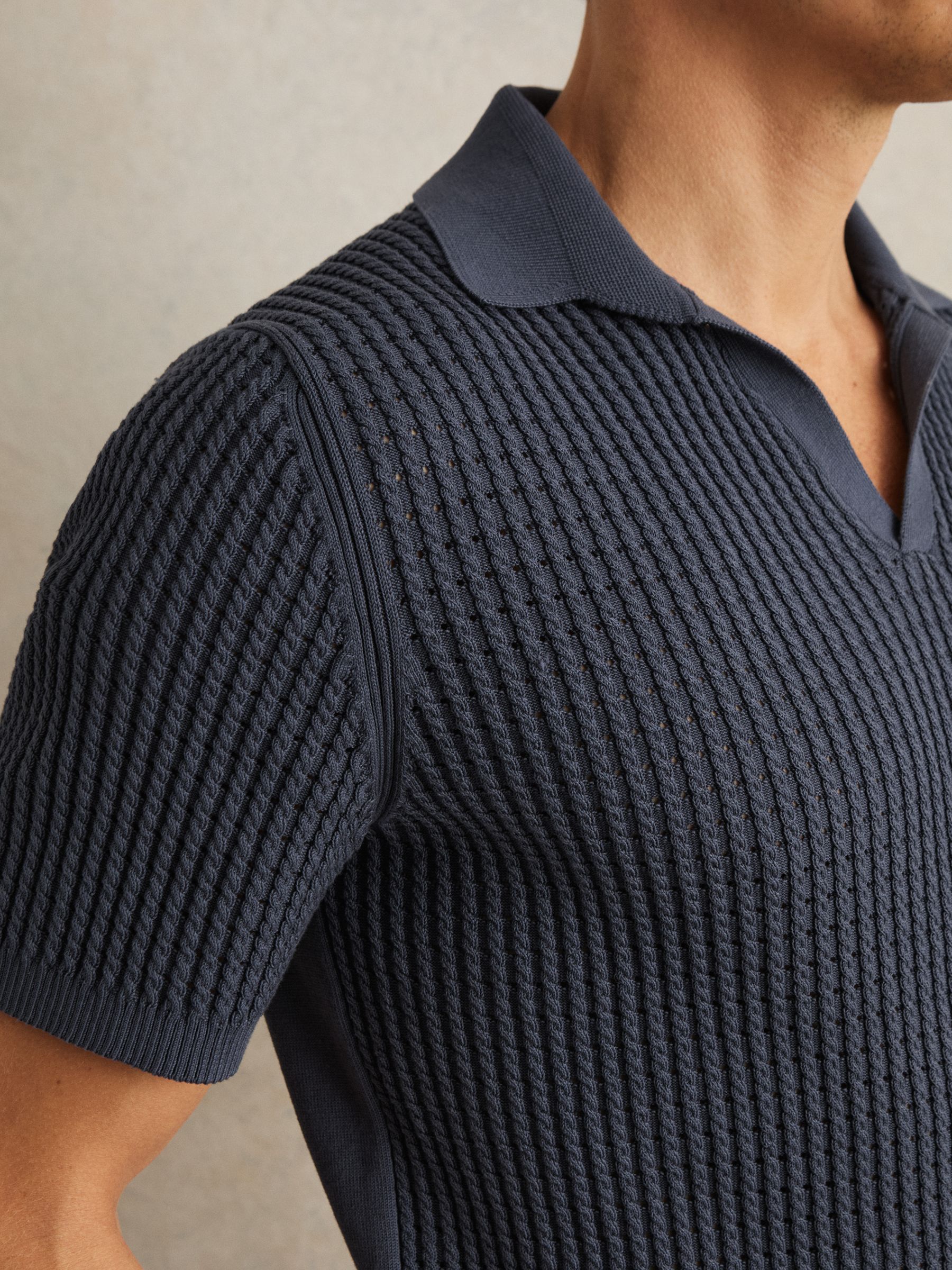 Micro-Cable Open-Collar Cotton-Blend Shirt in Dark Airforce Blue