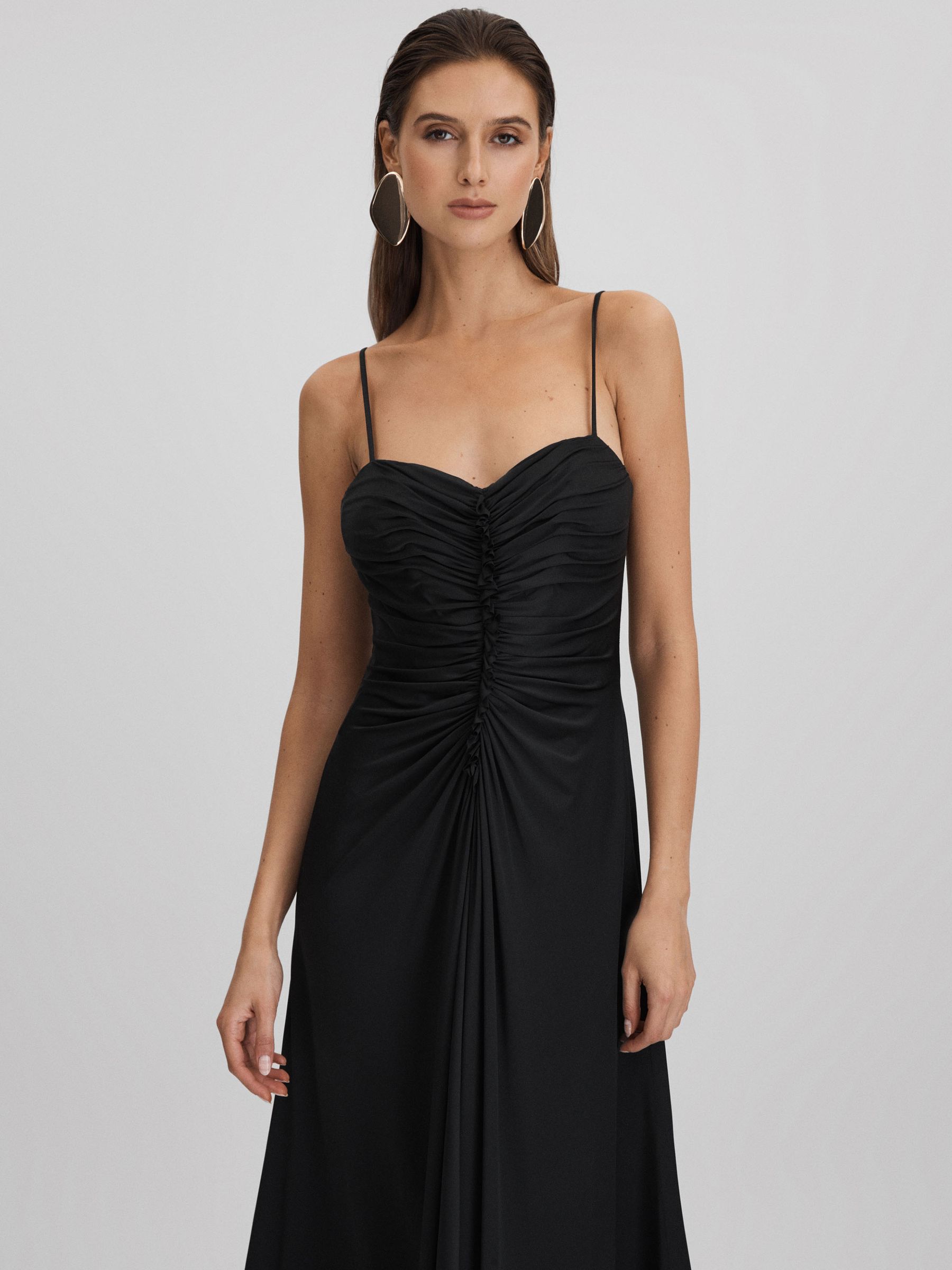 Halston Ruched Jersey Midi Dress in Black