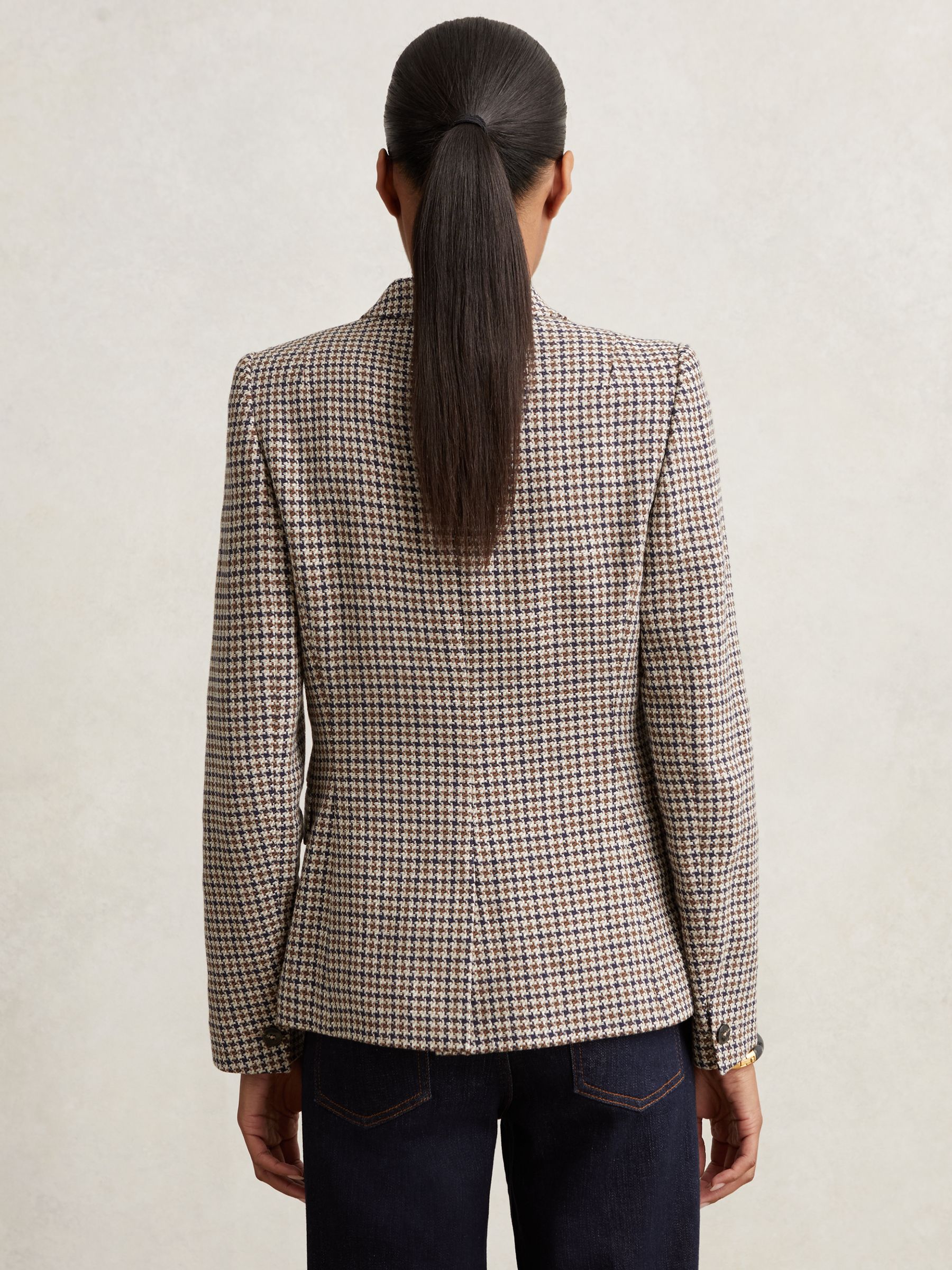 Petite Cotton-Linen Double-Breasted Houndstooth-Check Blazer in Navy Neutral Check