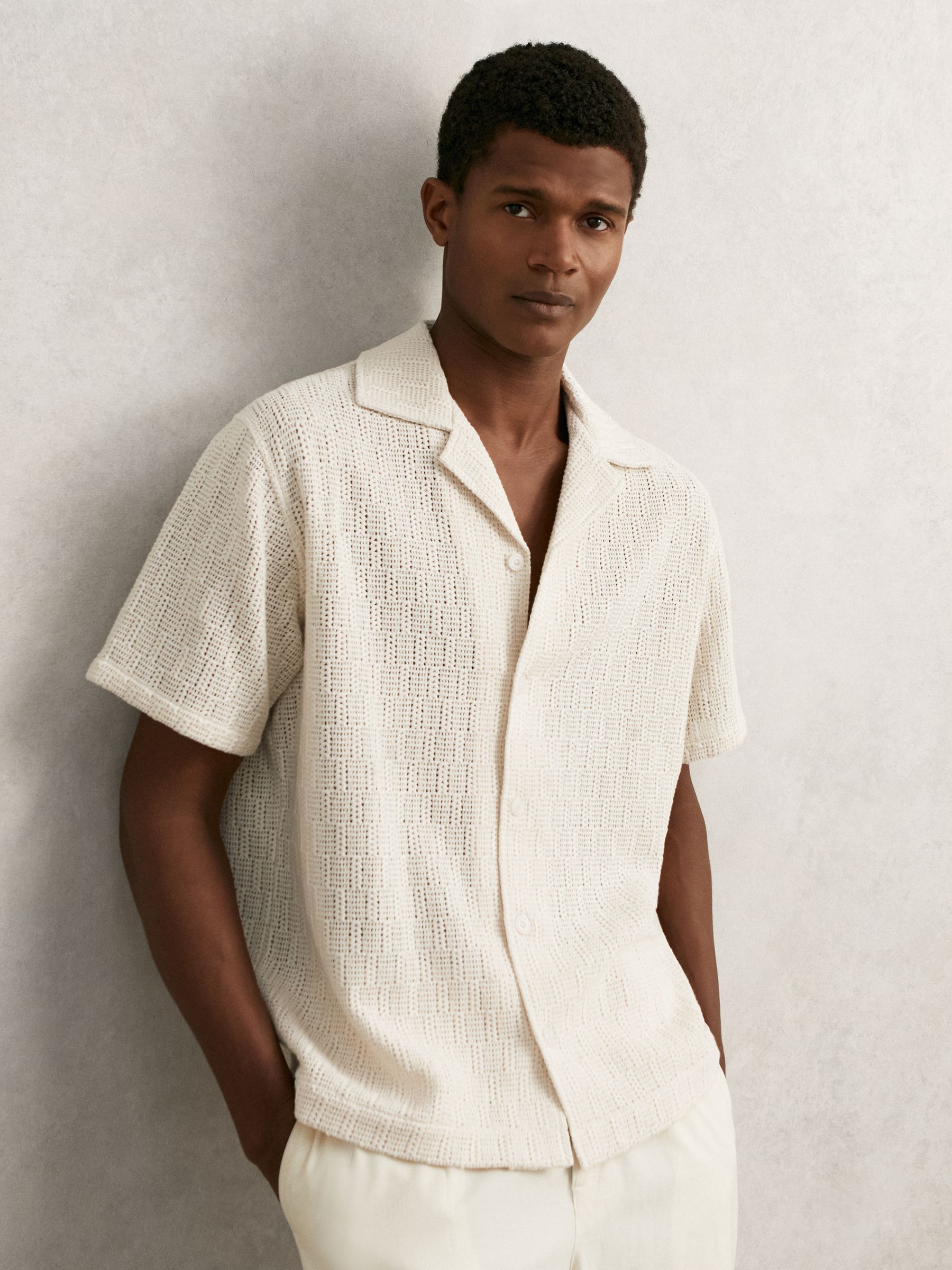 Cotton-Blend Crochet Shirt in Off White