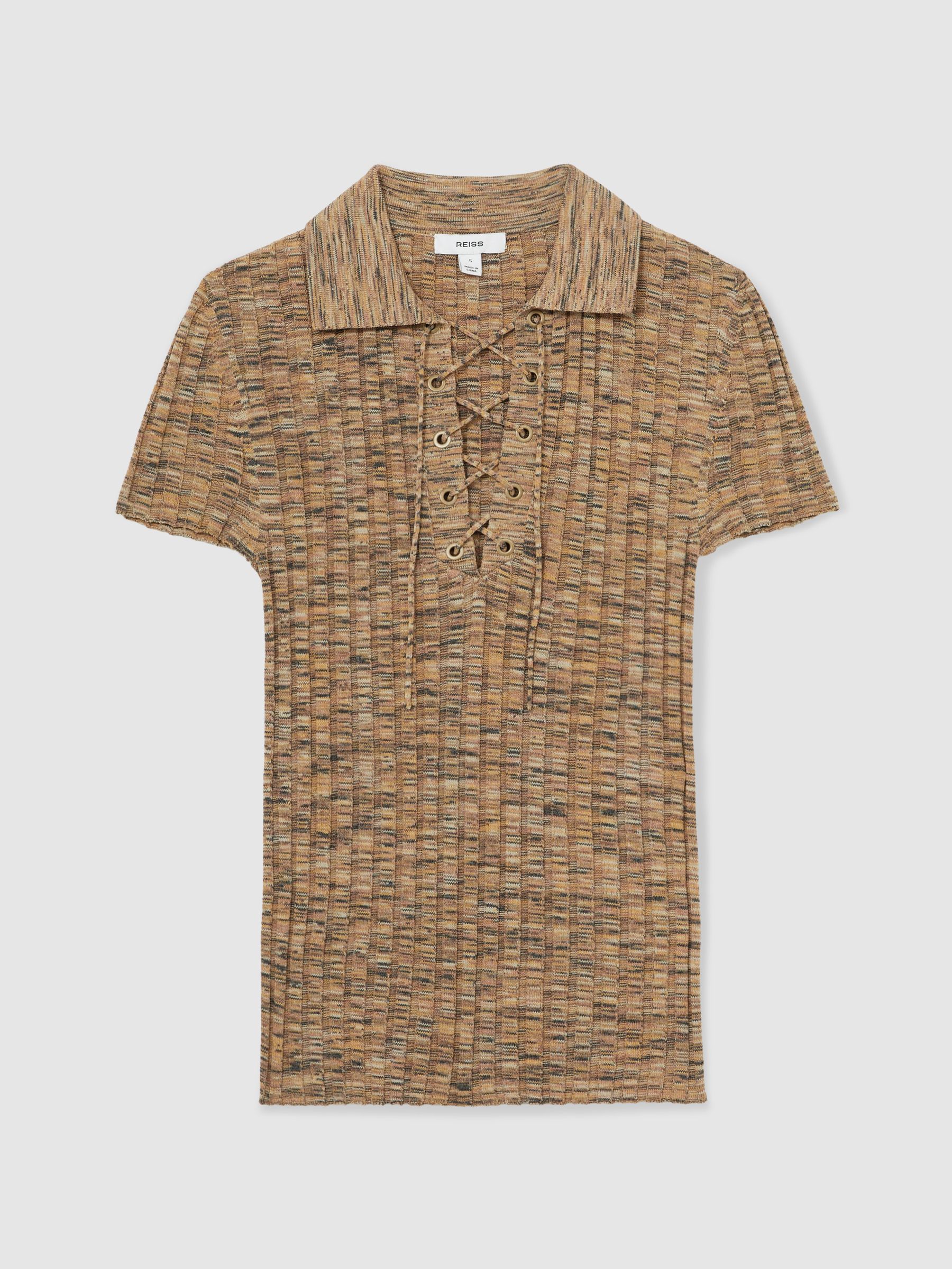 Lace Up Rib Knit Top in Camel Marl