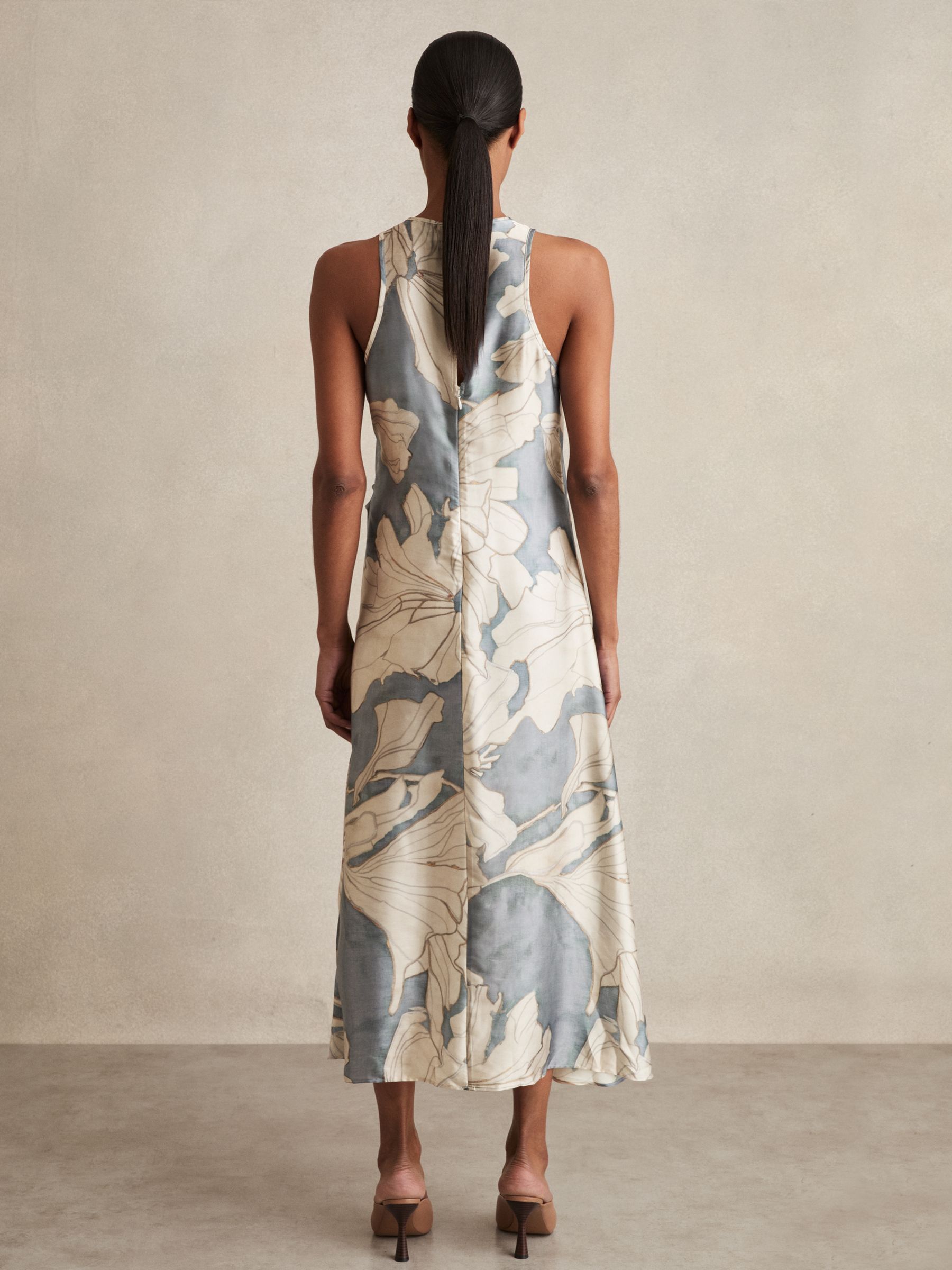 Satin Floral Drape Midi Dress in Blue