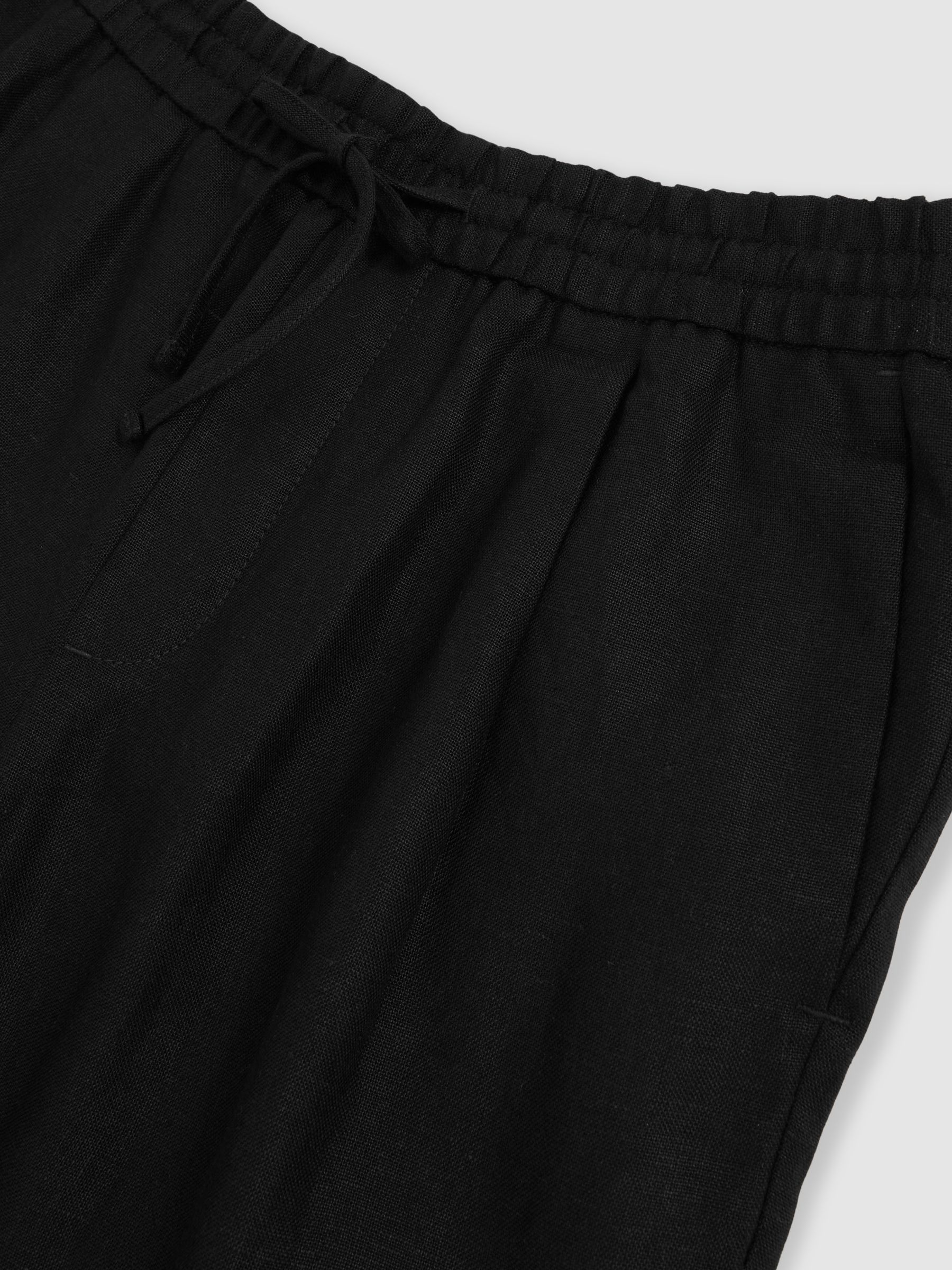 Linen Drawstring Relaxed-Fit Trousers in Black