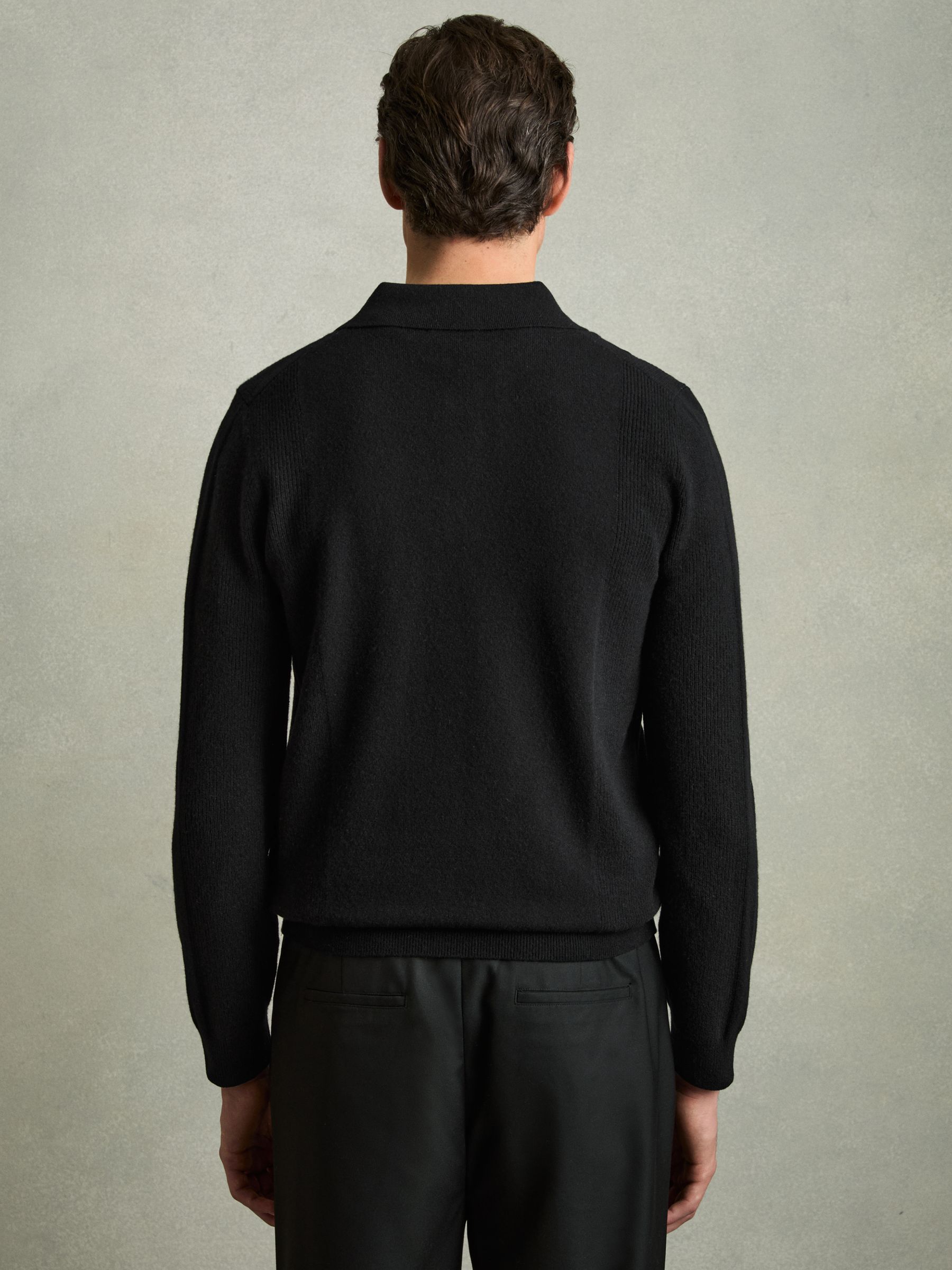 Wool Textured Long Sleeve Polo Shirt in Black